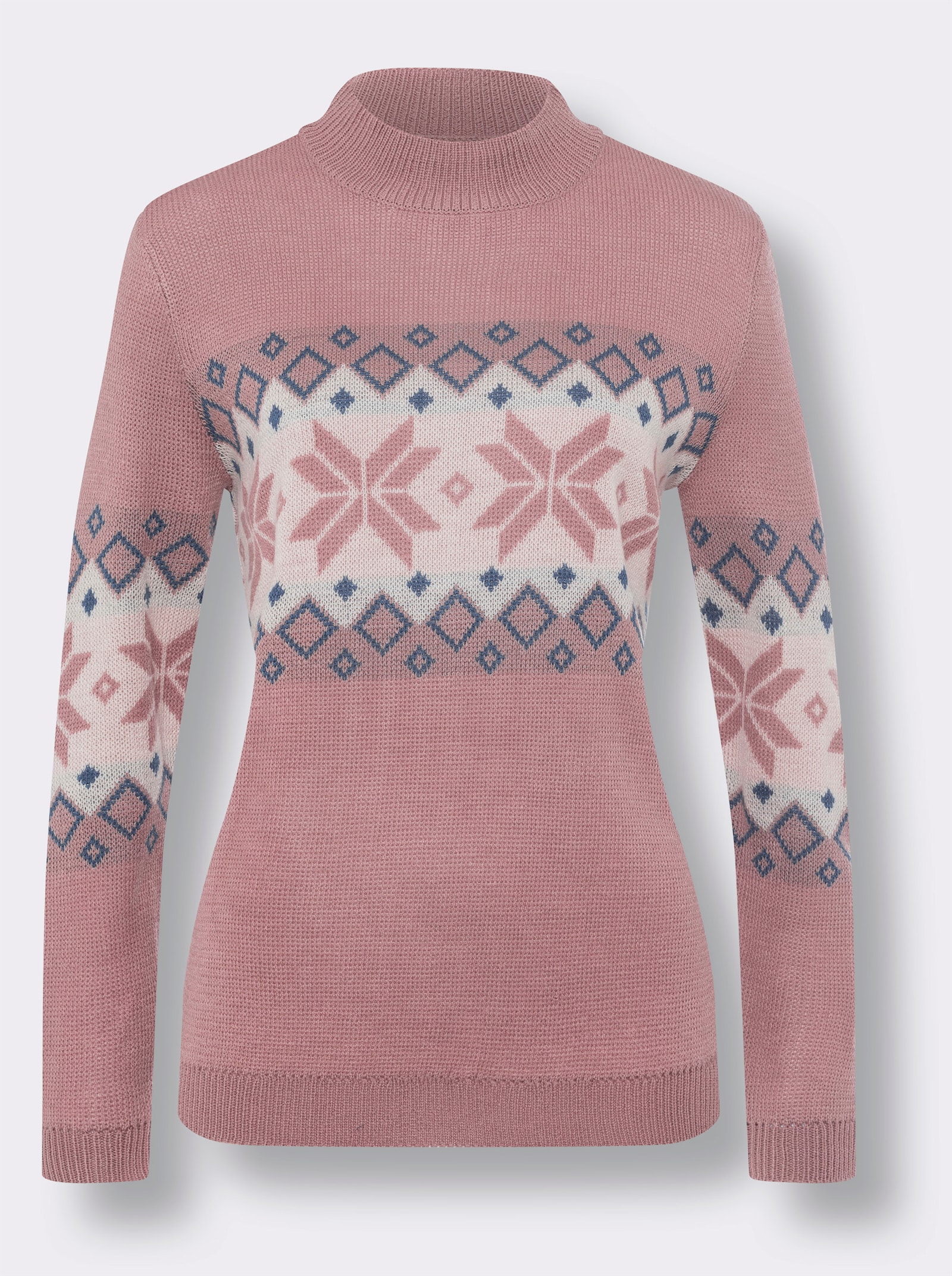 Stehkragenpullover mit Norweger-Muster - hortensie-champagner-gemustert