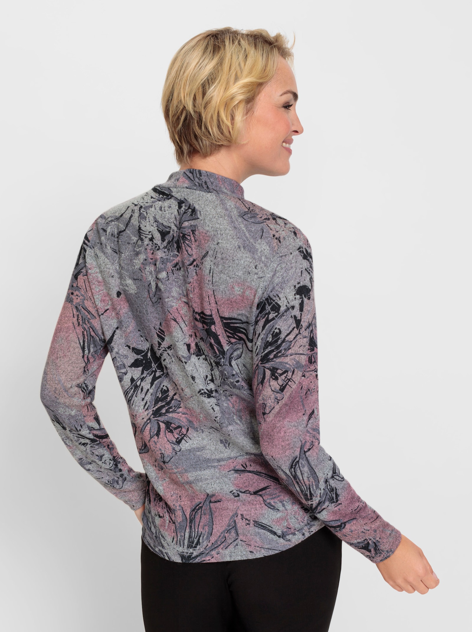Stehkragenshirt im Grafik-Dessin - steingrau-altrosa-bedruckt