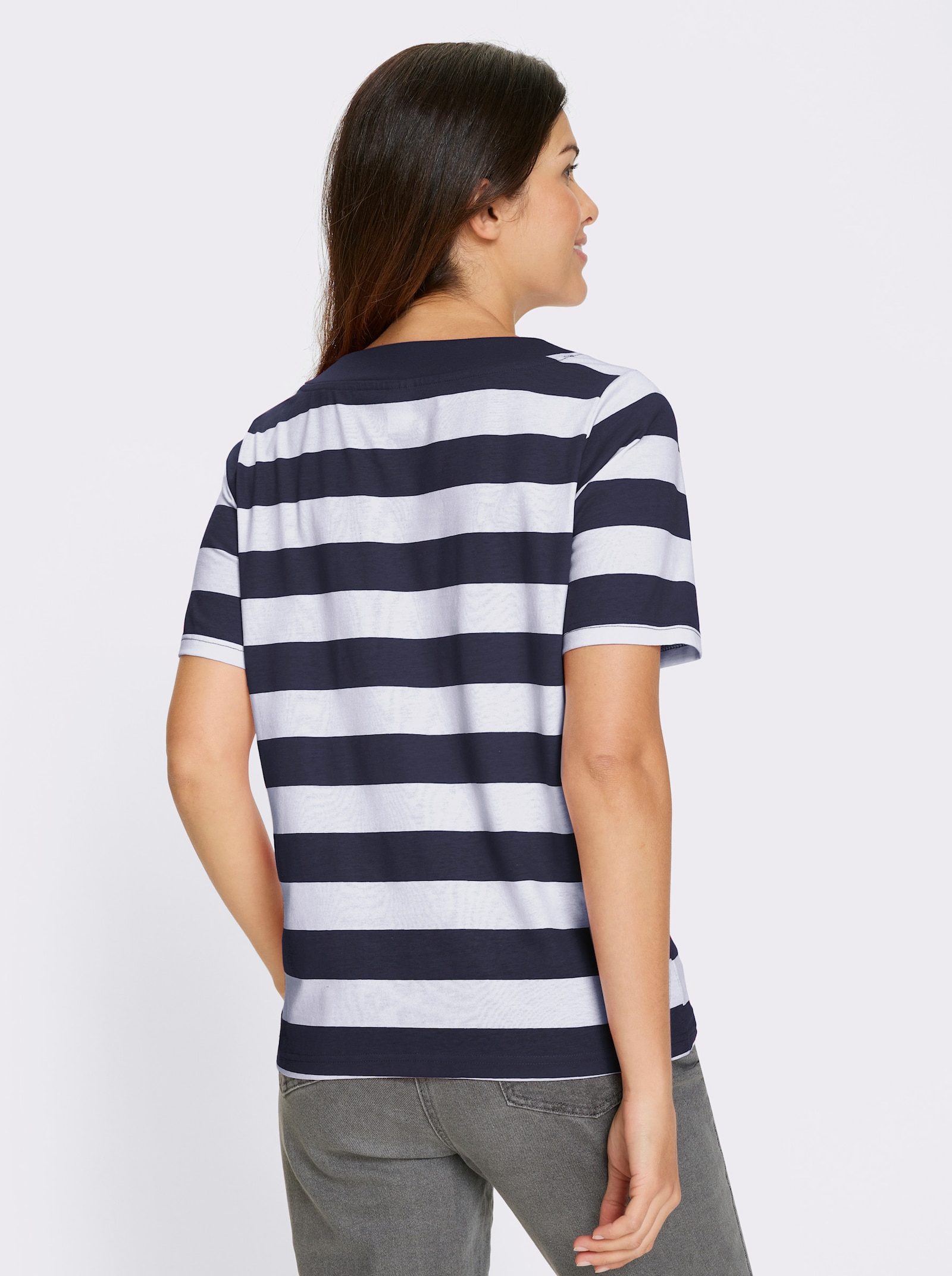 Kurzarmshirt mit Glitzer-Druck, gestreift - marine-weiss-geringelt