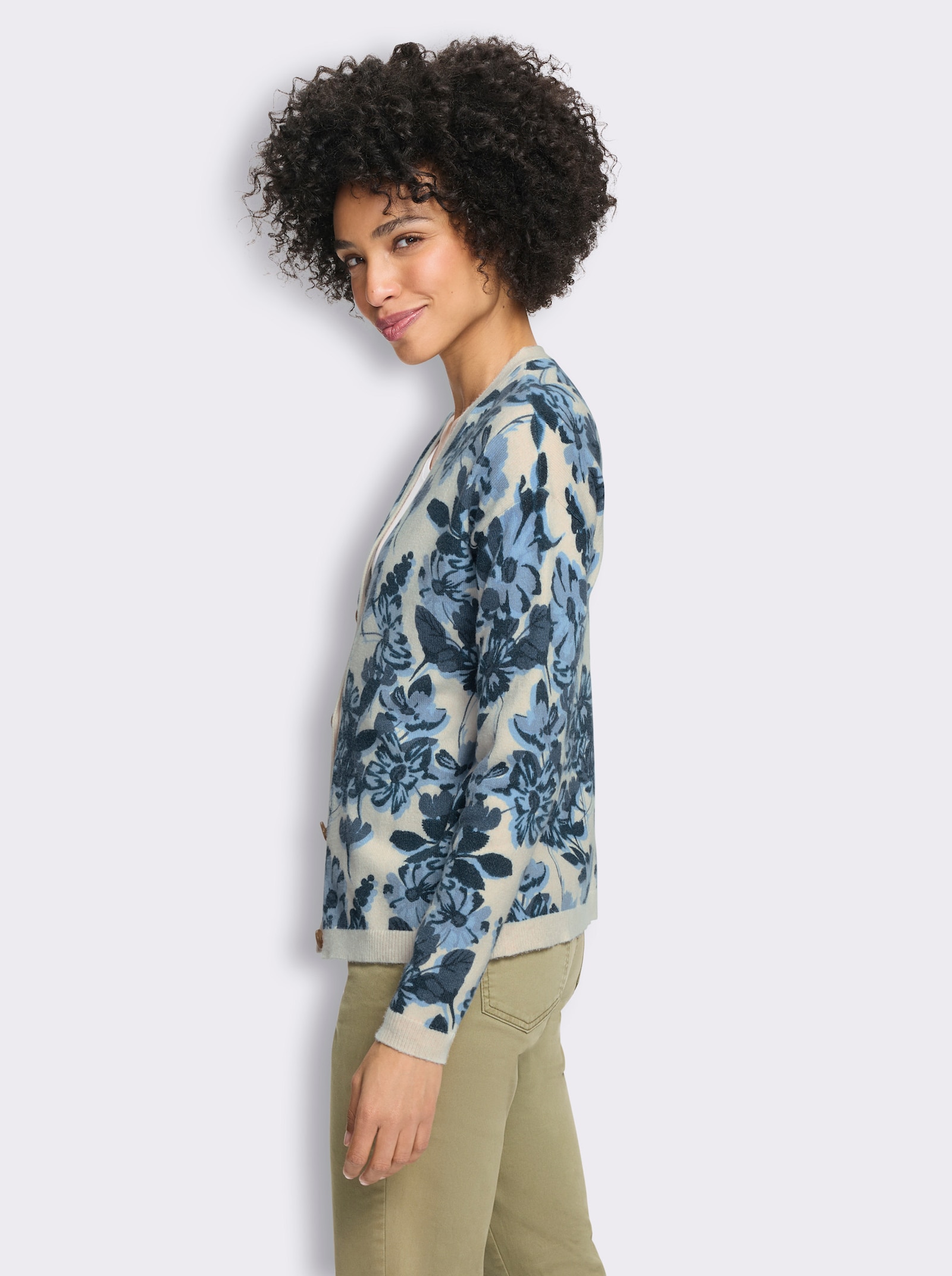 heine Strickjacke mit Floral-Print - sand-rauchblau-bedruckt