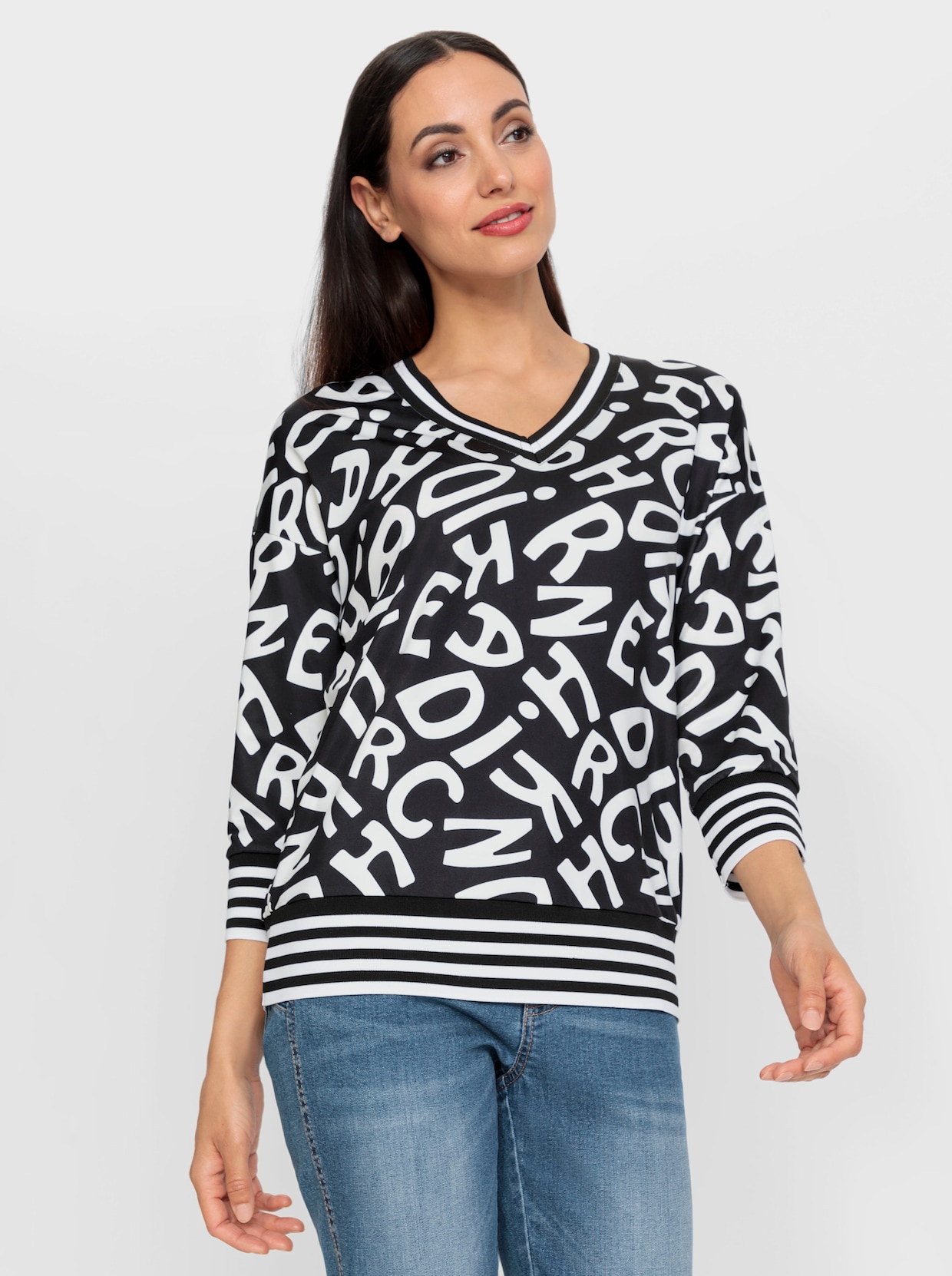 heine Shirt met V-hals - zwart/wit geprint