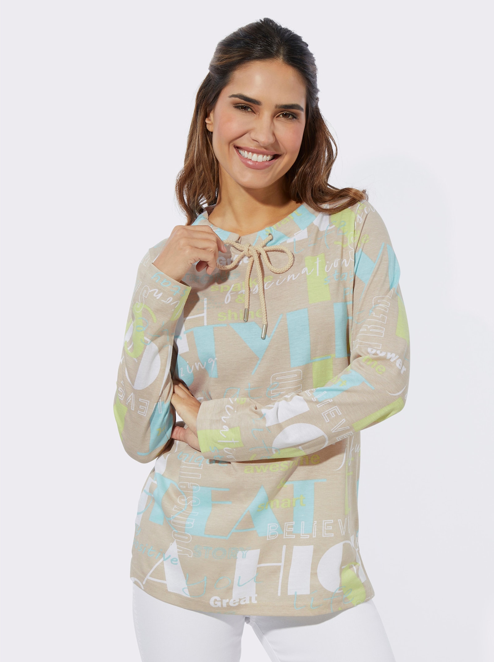 Langarmshirt mit Seitenschlitzen - sand-mint-bedruckt