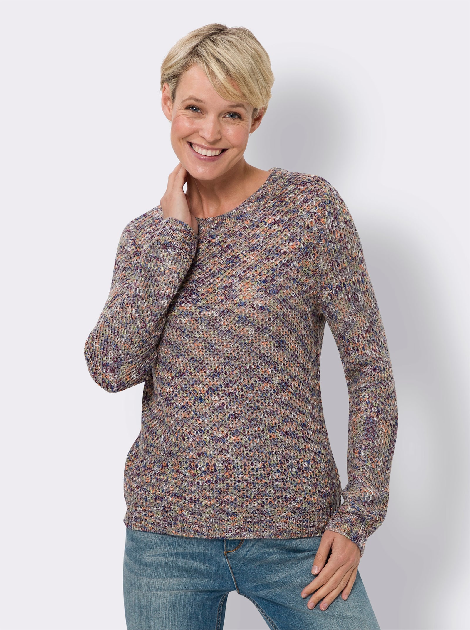 Pullover met ronde hals in gemêleerde look - steengrijs/gemêleerd