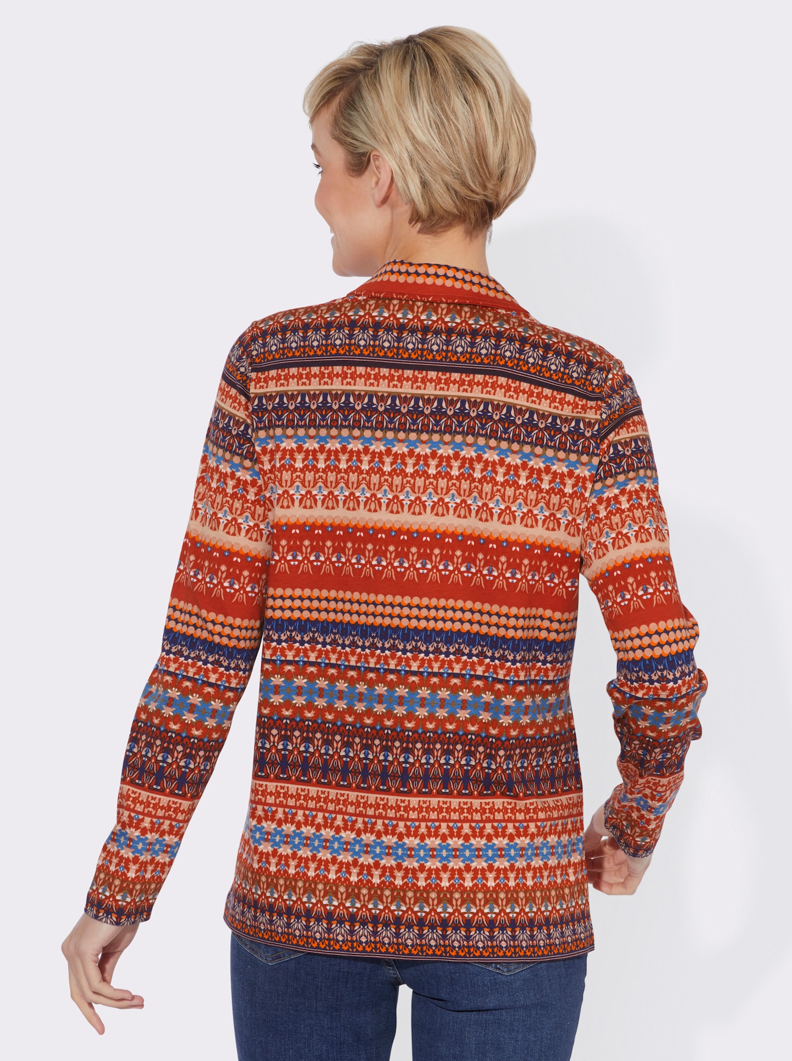 Langarmshirt mit kurzem Reißverschluss - rostrot-rauchblau-gemustert