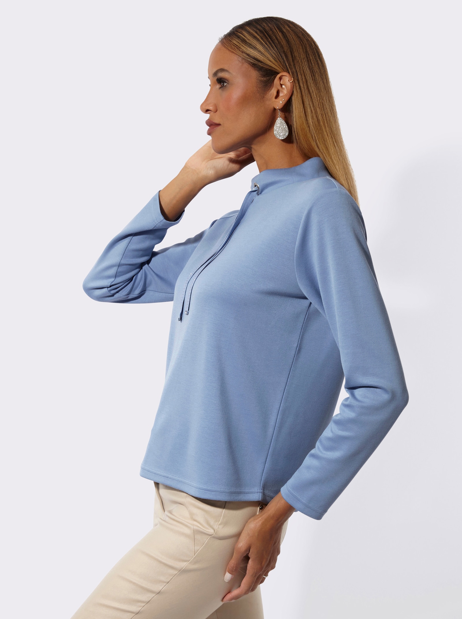 Stehkragenshirt mit Metall-Steinchen auf Bindeband - bleu
