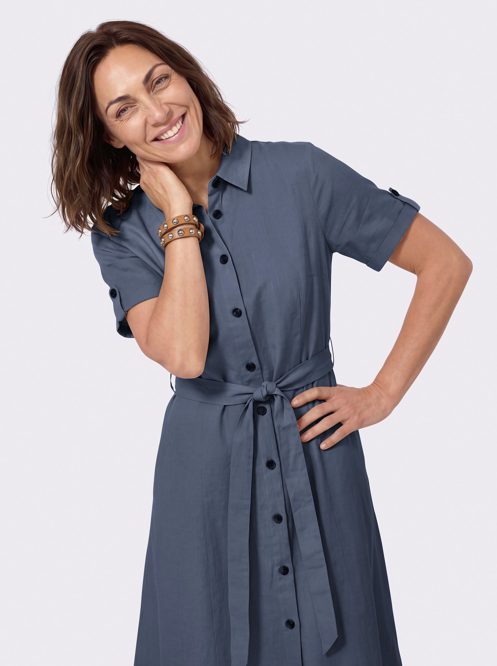 Hemdblusenkleid mit Bindegürtel - rauchblau