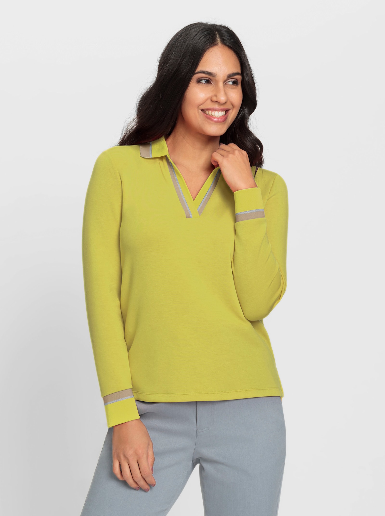 Poloshirt mit Kontrast-Akzenten - limone-sand-gemustert
