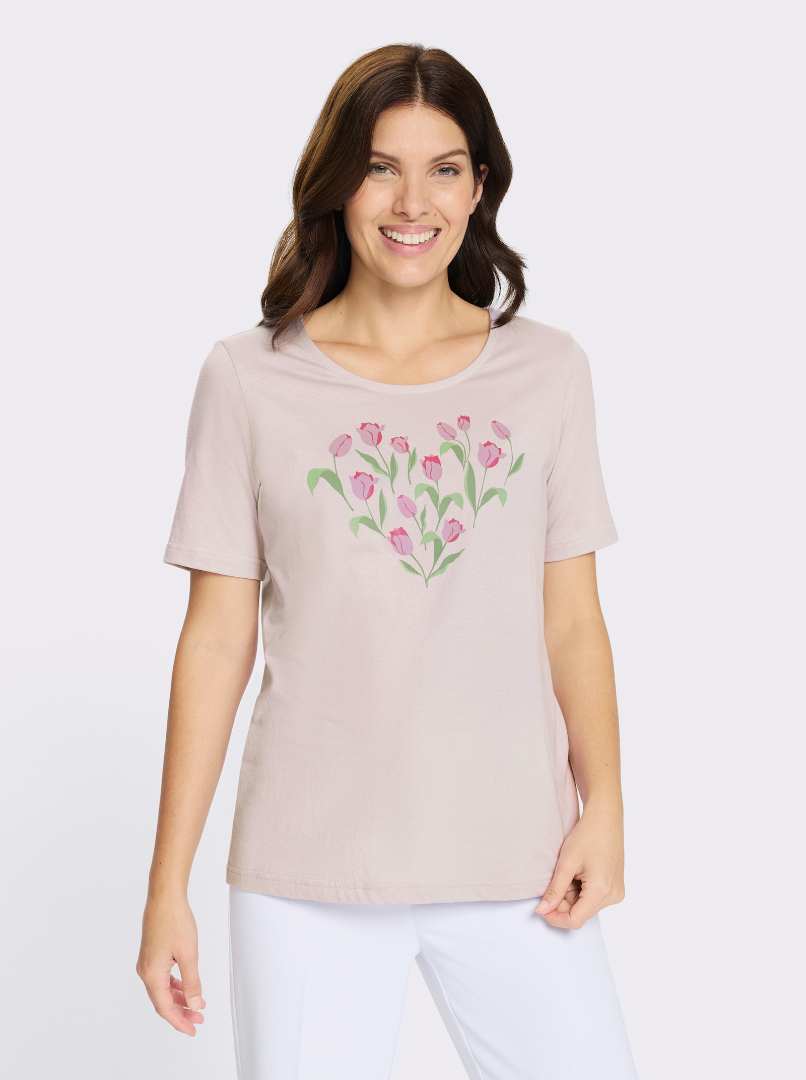 Kurzarmshirt mit platziertem Tulpen-Druck - hellrosé-fuchsia