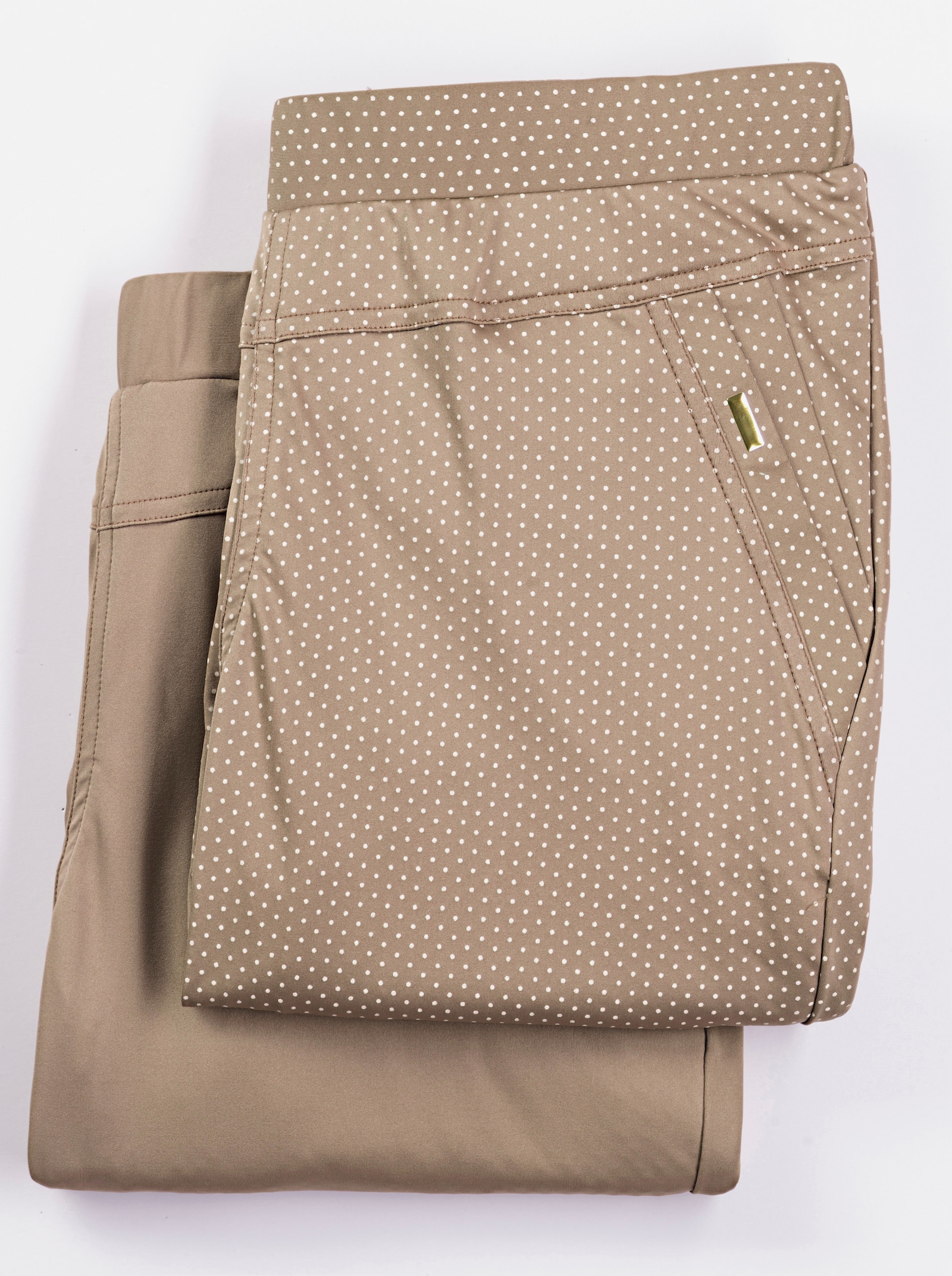 7/8-broek in set van 2, effen en met stippenpatroon - beige + beige gestippeld