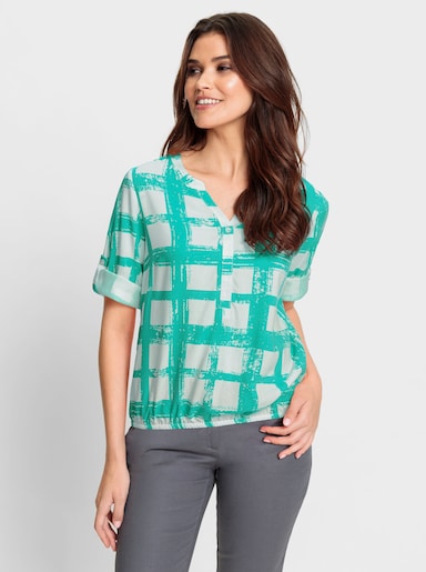 Comfortabele blouse - blauwgroen/wit bedrukt