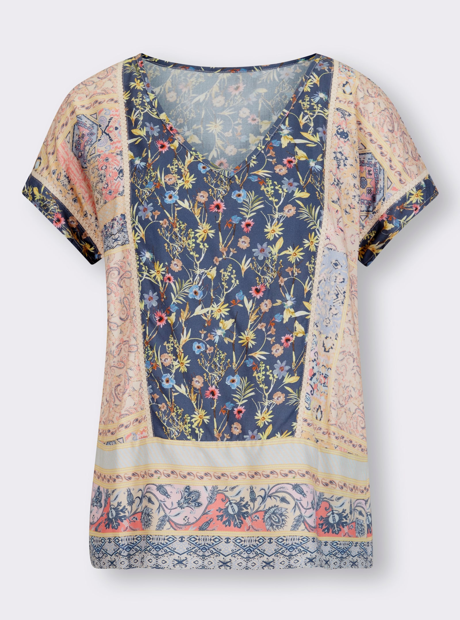 heine Druckbluse mit Spitzeneinsätzen - jeansblau-hellrosé-bedruckt