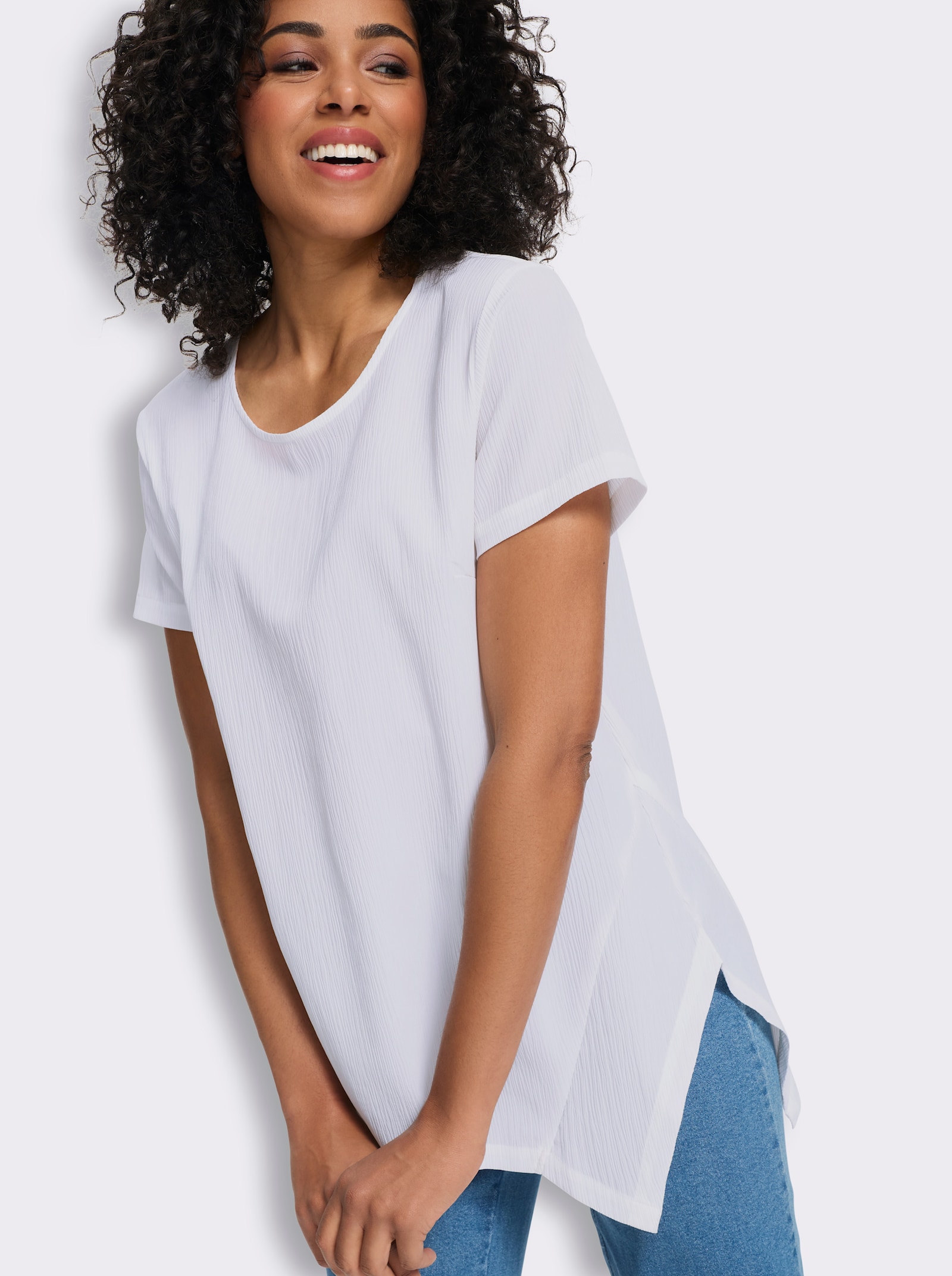 Lange blouse met puntige zoom, onderhoudsarm - ecru