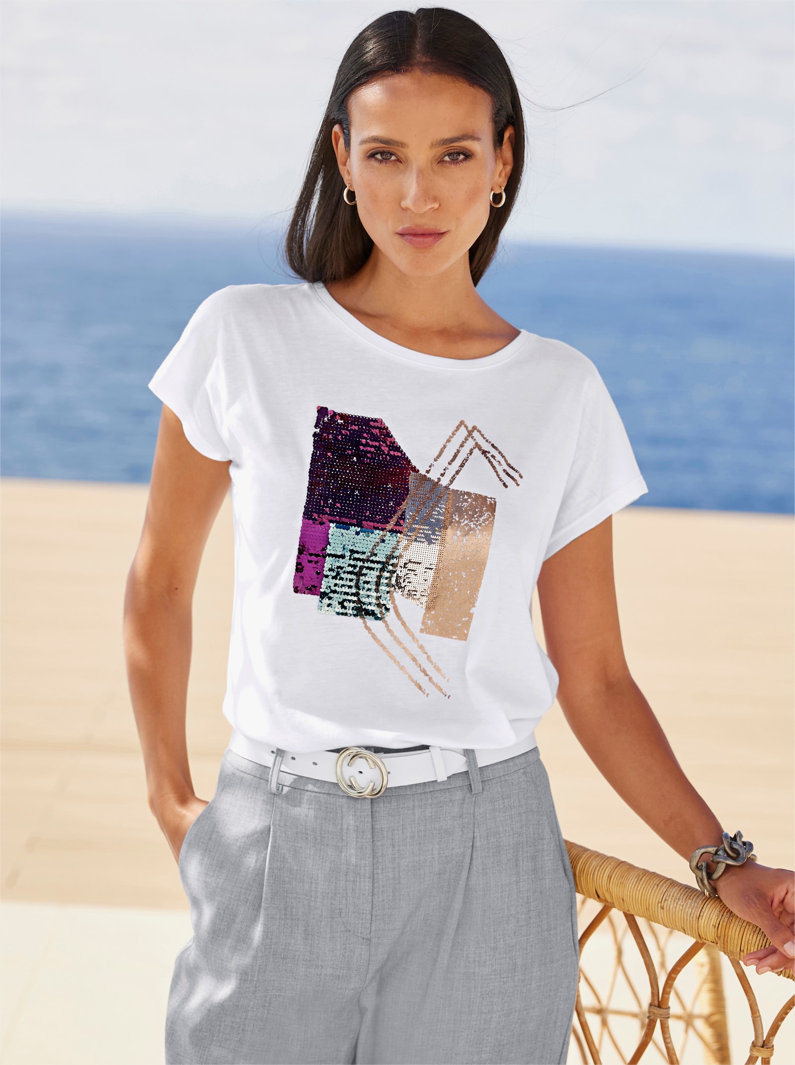 heine Shirt met korte mouwen en pailletten - wit