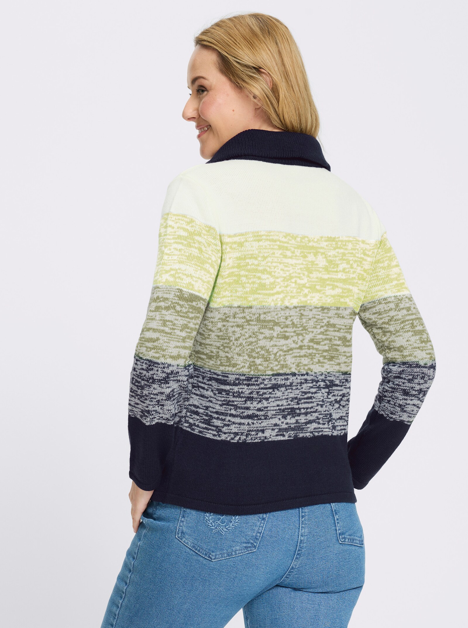 Langarm-Pullover mit kurzem Reißverschluss - schilf-marine-gemustert