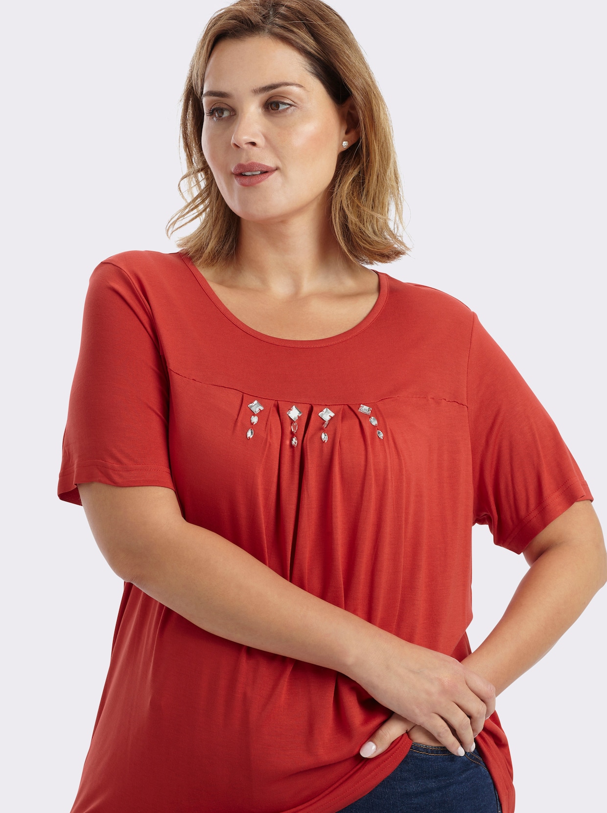 Kurzarmshirt mit Ziersteinchen, reine Viskose - erdbeere