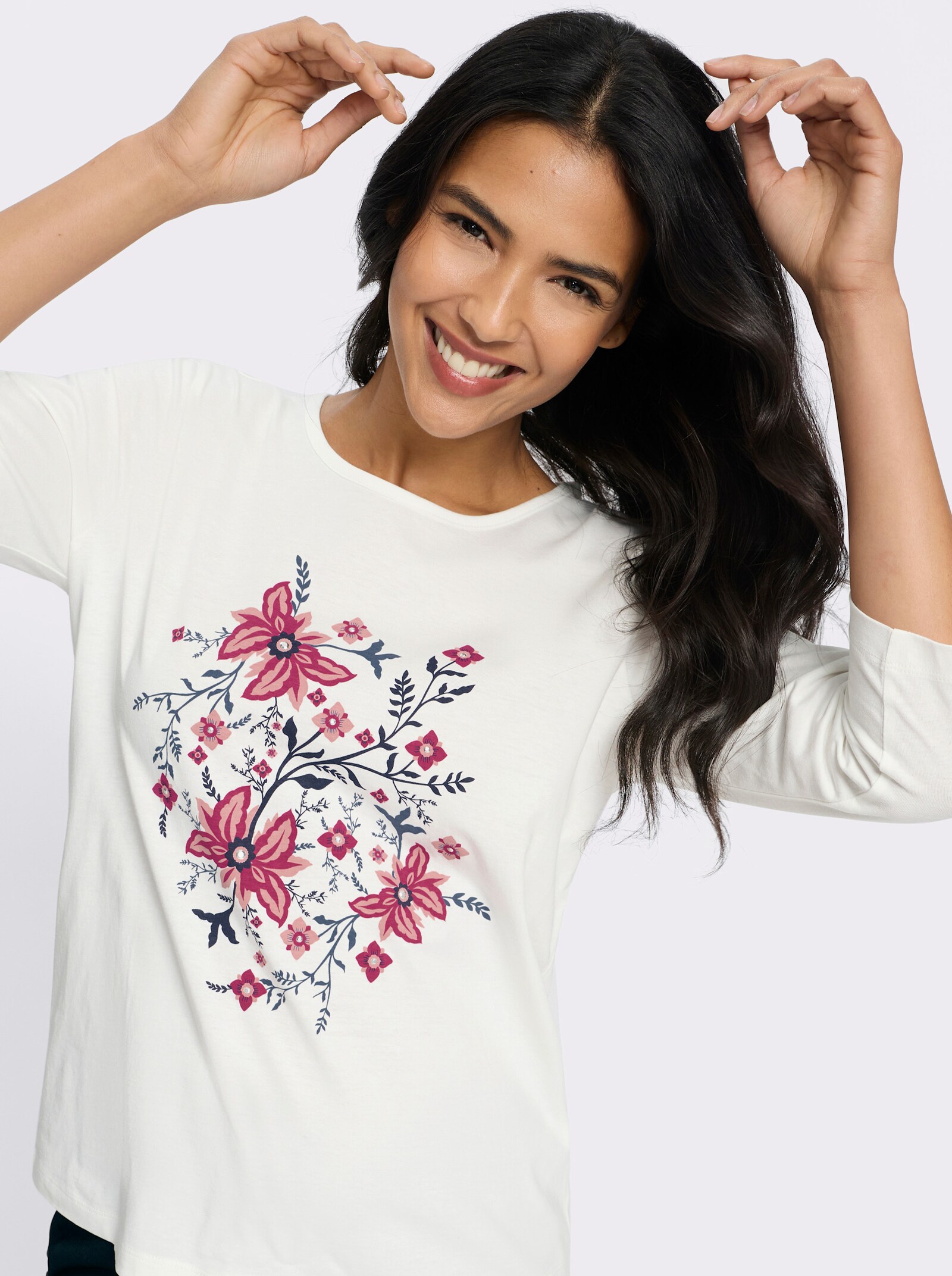 3/4-Arm-Shirt mit Glitzersteinchen - ecru-marine