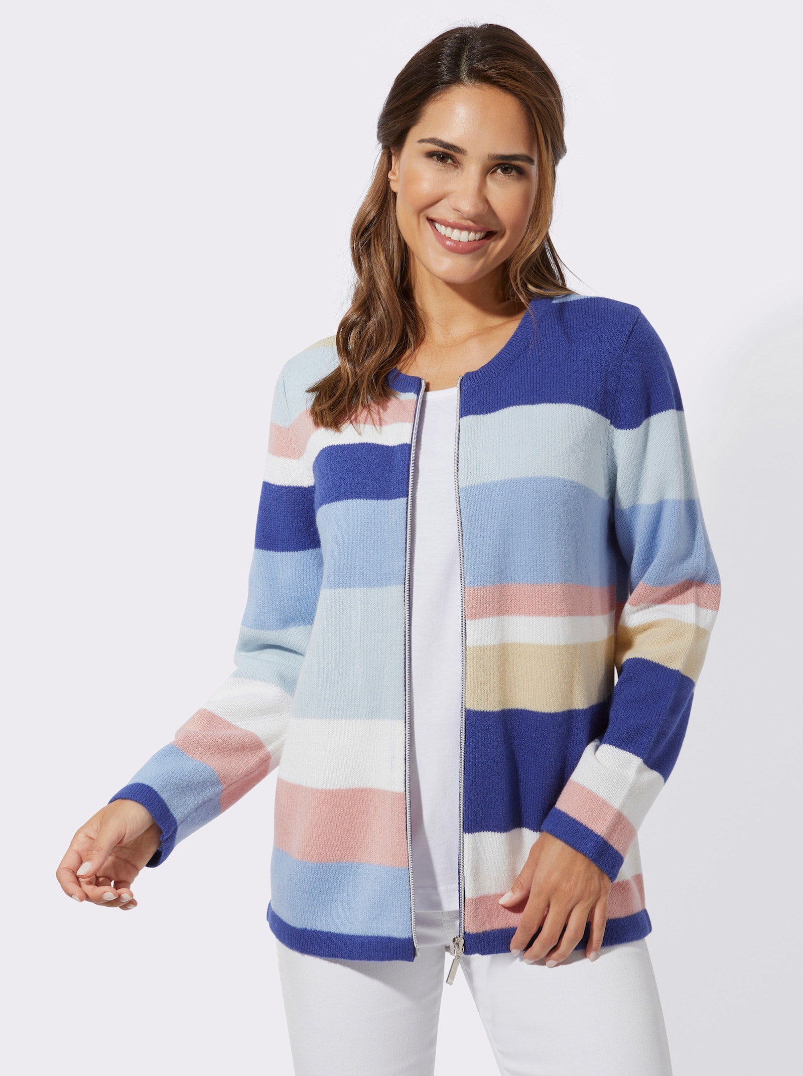 Vest van jacquard met ritssluiting - ecru/koningsblauw gedessineerd