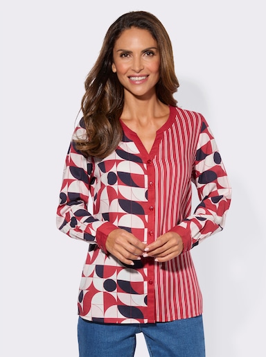Druckbluse mit Kellerfalte hinten - rot-marine-bedruckt