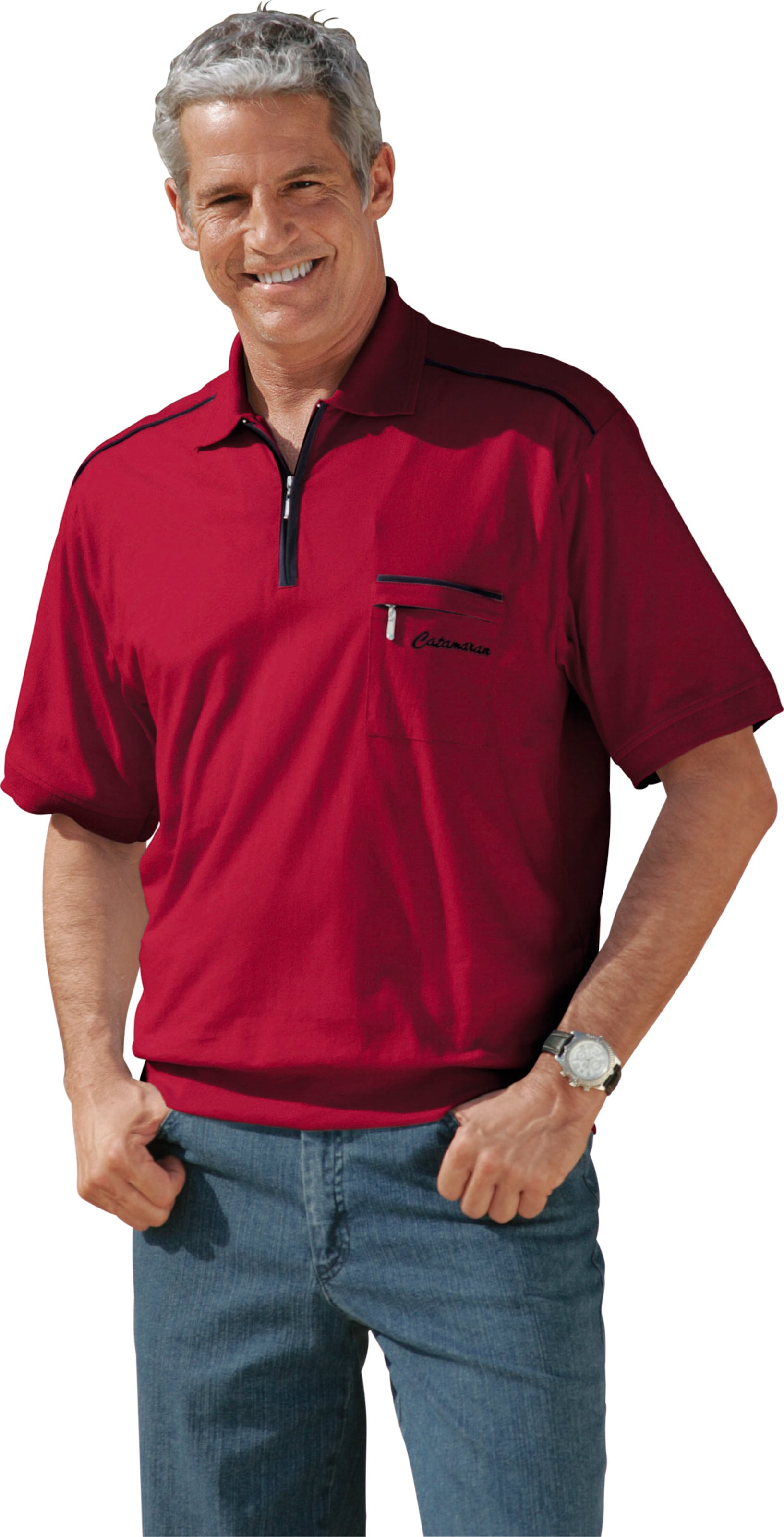 Shirt I günstig Kaufen-Kurzarm-Poloshirt in rot von Catamaran. Kurzarm-Poloshirt in rot von Catamaran <![CDATA[Kurzarm-Poloshirt mit hochwertiger Kontrastpaspelierung und Catamaran-Stickerei. Brusttasche mit Reißverschluss und Rippbündchen am Saum.]]>. 