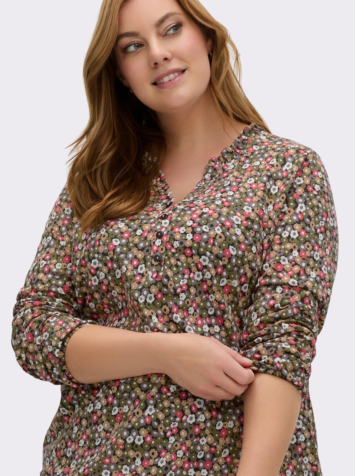 Print-Shirt mit Rüschen - grapefruit-oliv-bedruckt