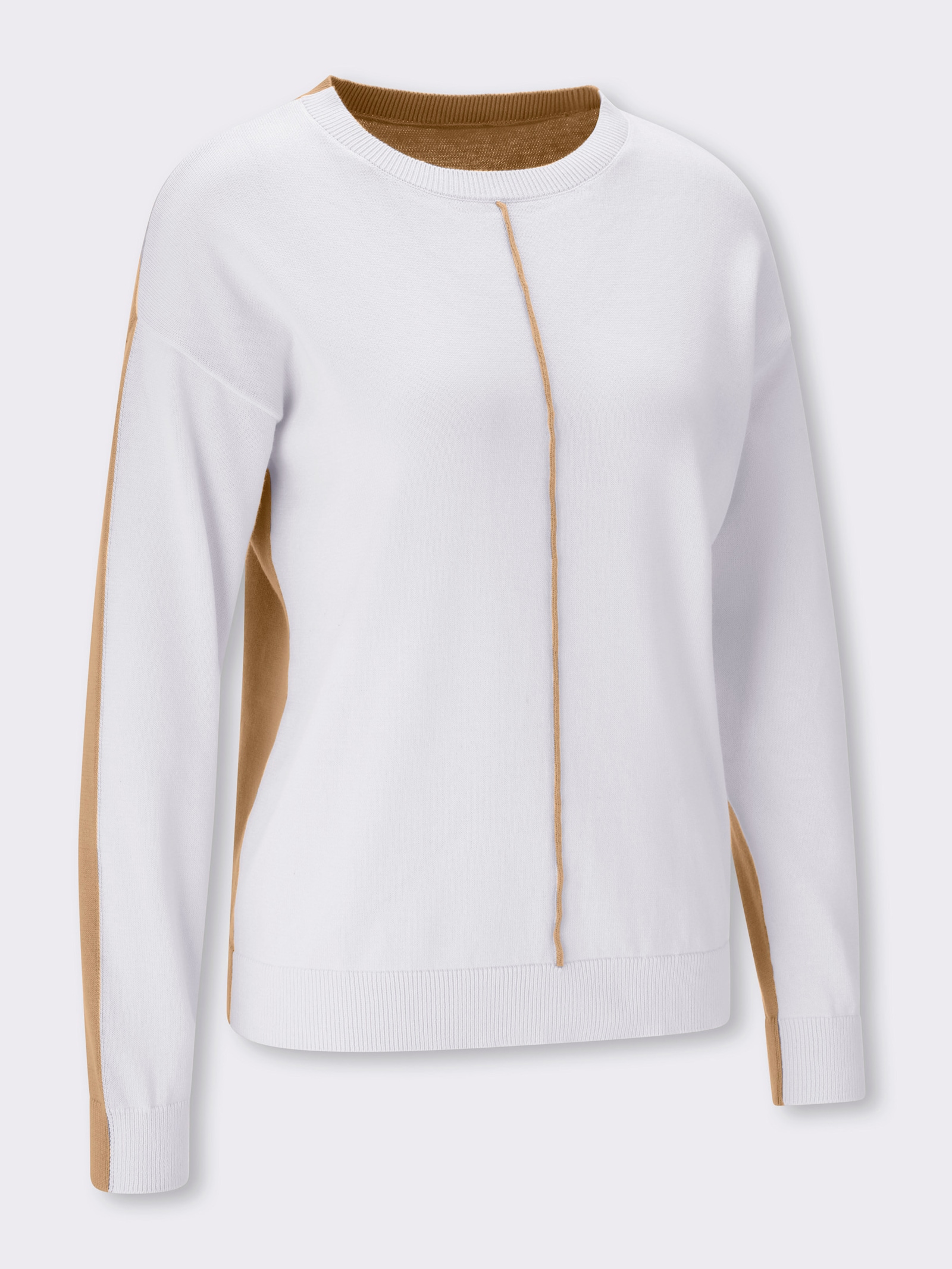 Rundhalspullover mit Kontrasten - ecru-camel