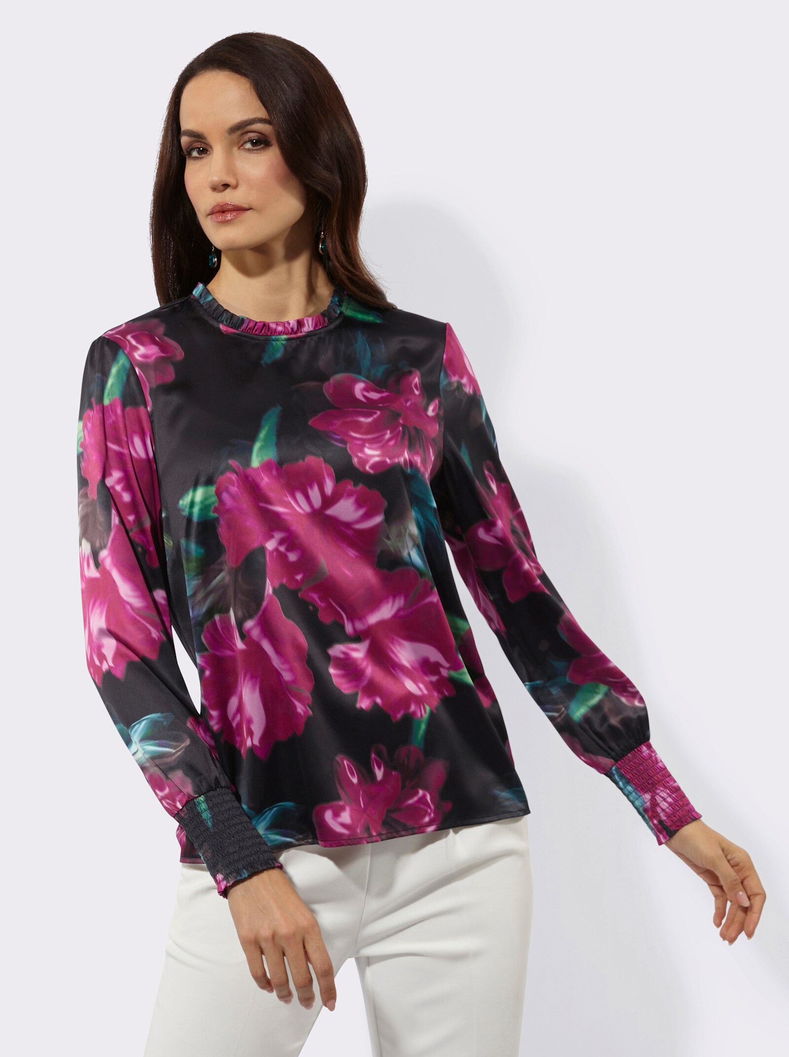 Satinbluse mit Rüschen am Kragen - schwarz-malve-bedruckt