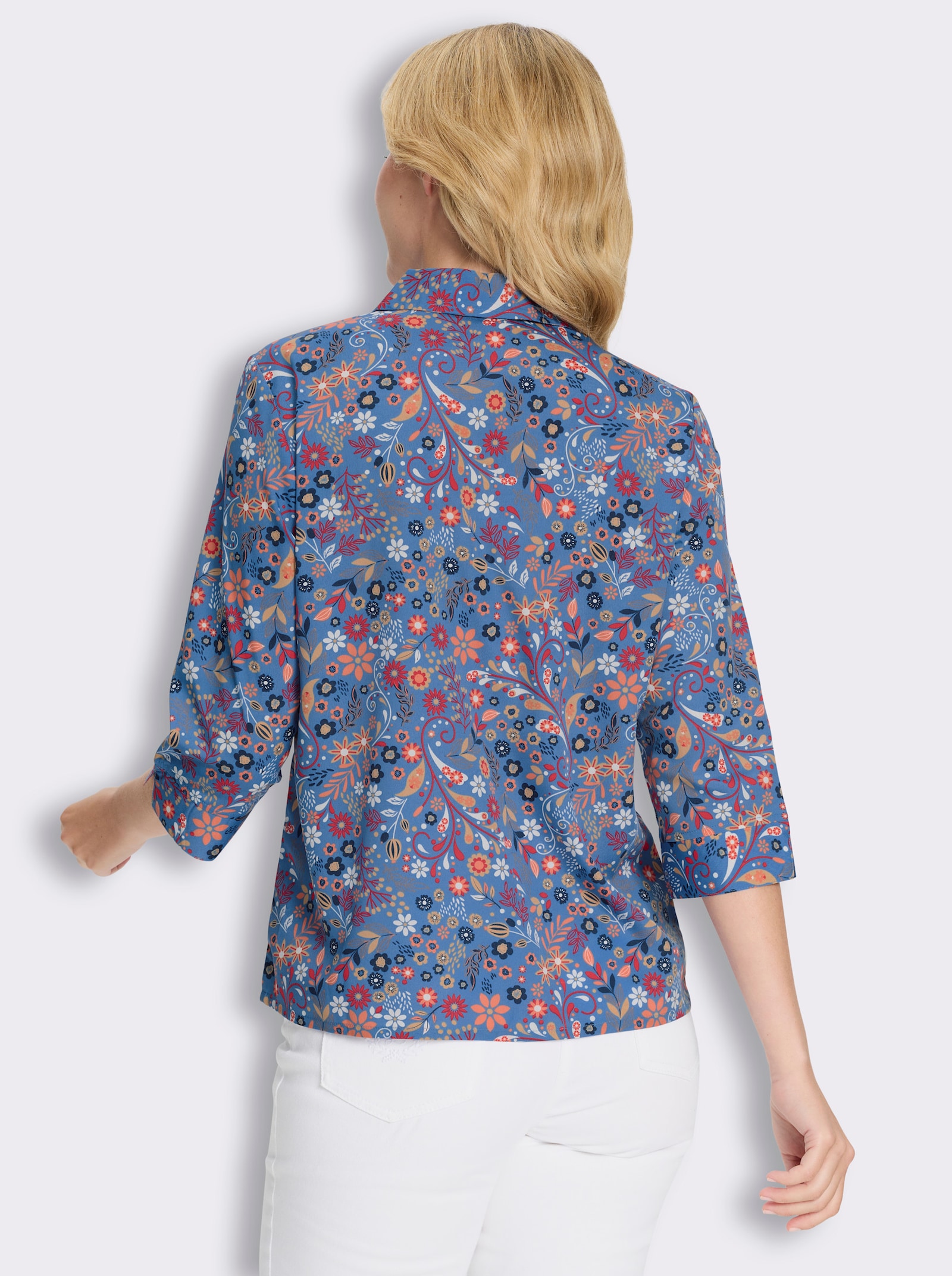 Druckbluse mit Blumen-Muster - dunkelblau-papaya-bedruckt