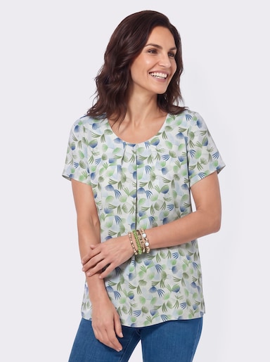Druckbluse mit Seitenschlitzen - reseda-eisblau-bedruckt