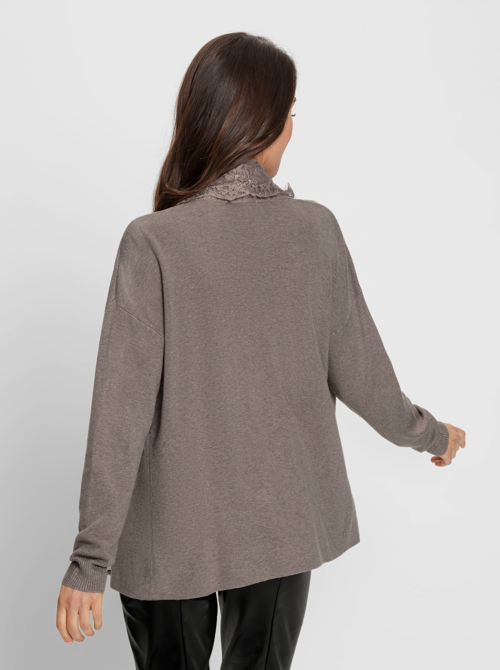 heine Strickjacke mit Spitzenbordüre - taupe-meliert