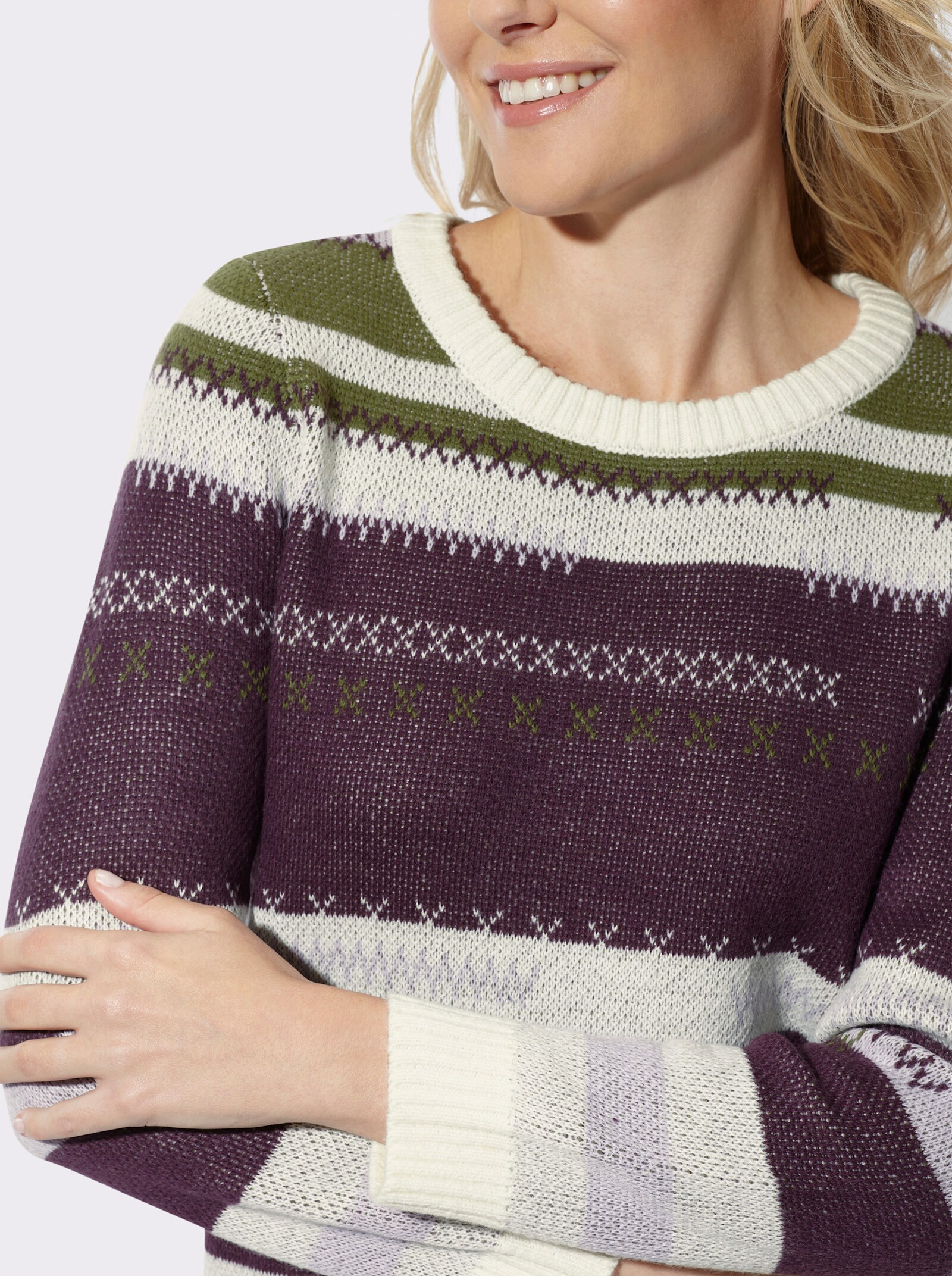 Jacquard-Pullover mit Strickmuster - aubergine-oliv-gemustert