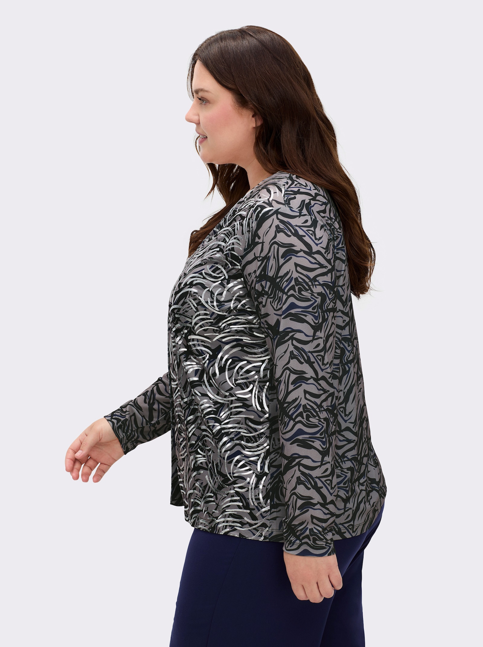 Shirtjacke mit silberfarbenem Folien-Druck - schwarz-marine-bedruckt