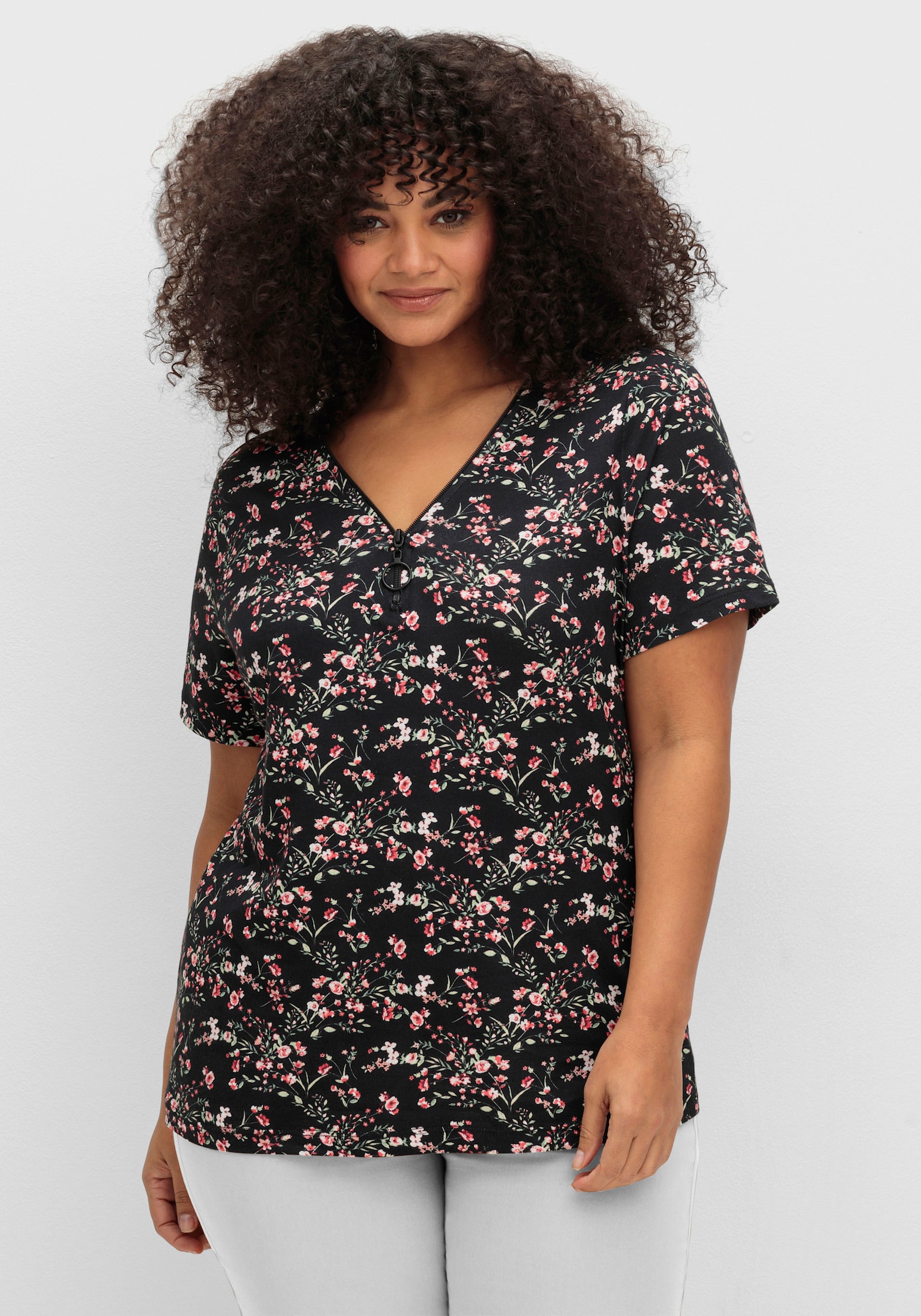 Kurzarmshirt mit Reißverschluss am Ausschnitt - schwarz-hellrosé-gemustert