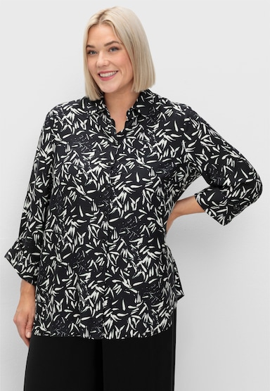 sheego Hemdbluse mit Blätterprint - schwarz-weiß gemustert