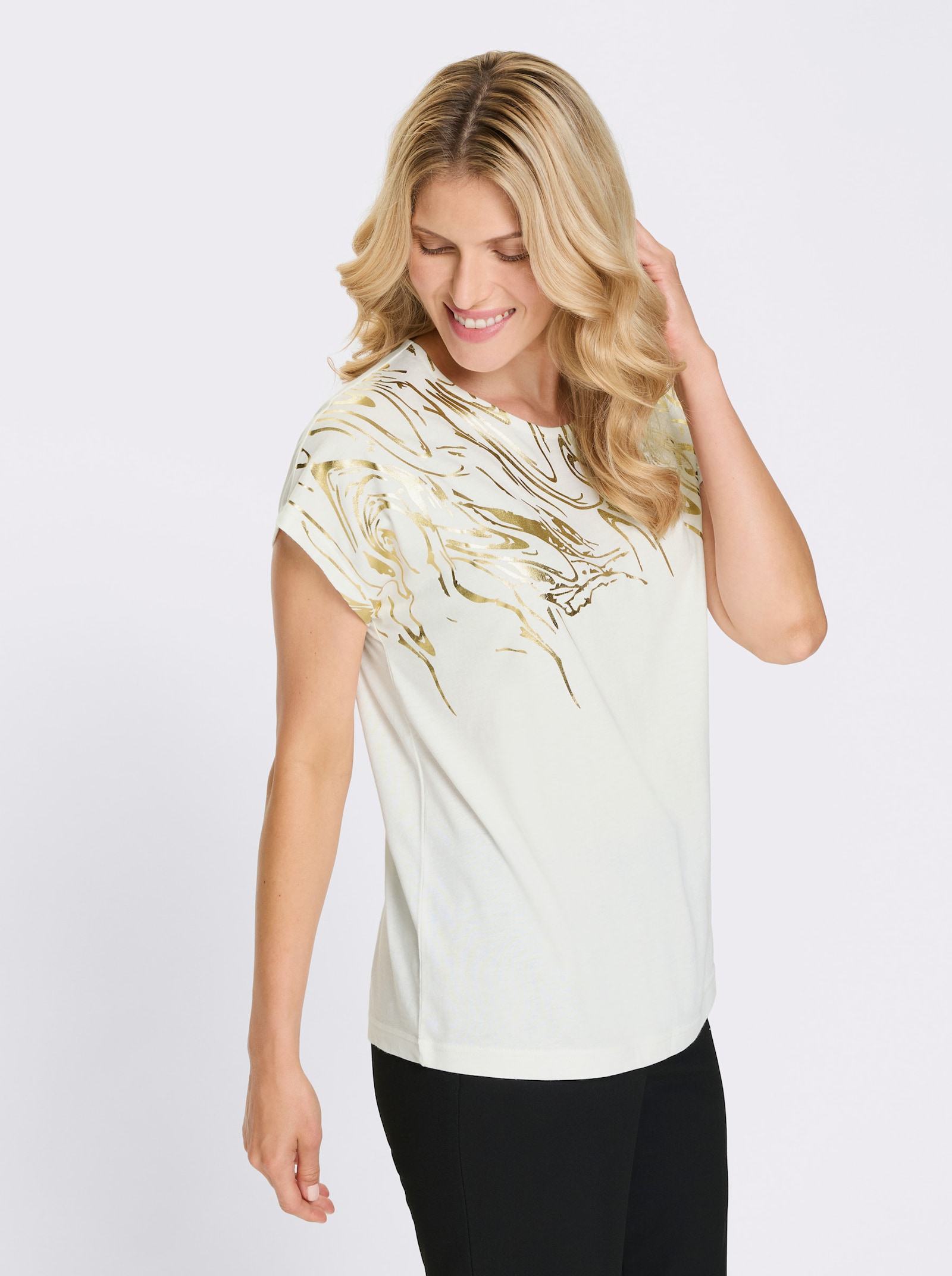 Kurzarmshirt mit Folien-Print - ecru-goldfarben