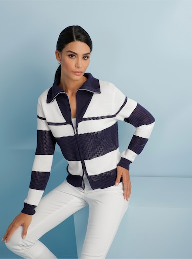 heine Strickjacke mit Ajour-Einsätzen - marine-ecru-gemustert