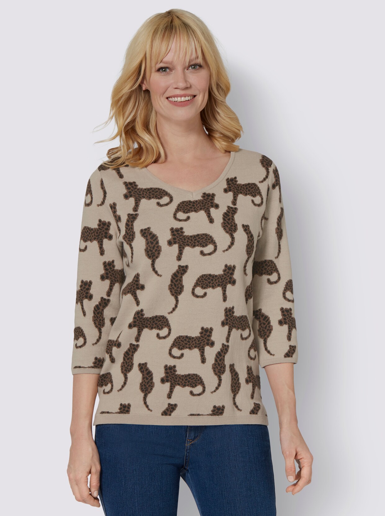 Pullover met 3/4-mouwen - zand/bruin geprint
