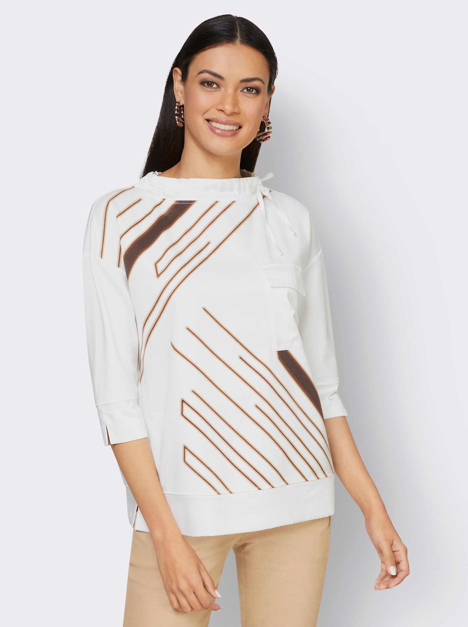 3/4-Arm-Shirt mit Schlitzen am Ärmel - ecru-schoko-bedruckt