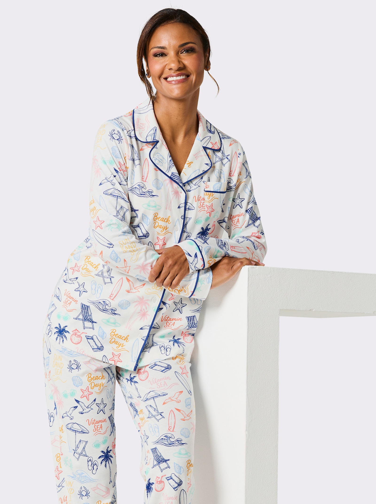 wäschepur Pyjama mit Muster-Print - ecru-royalblau-bedruckt