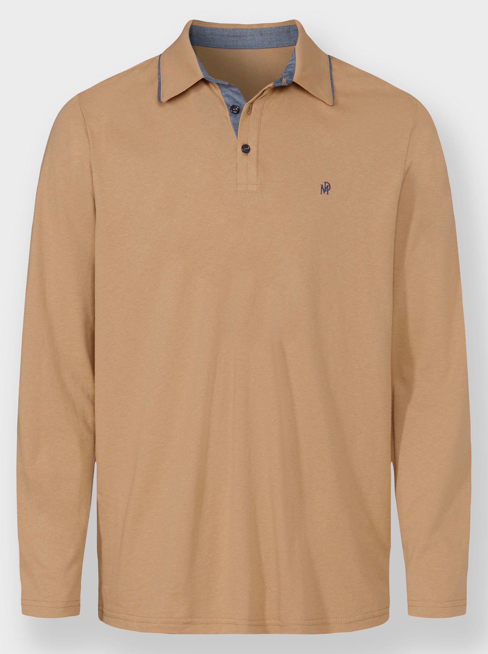 Marco Donati Poloshirt met lange mouwen en geweven garnering in denimlook - camel