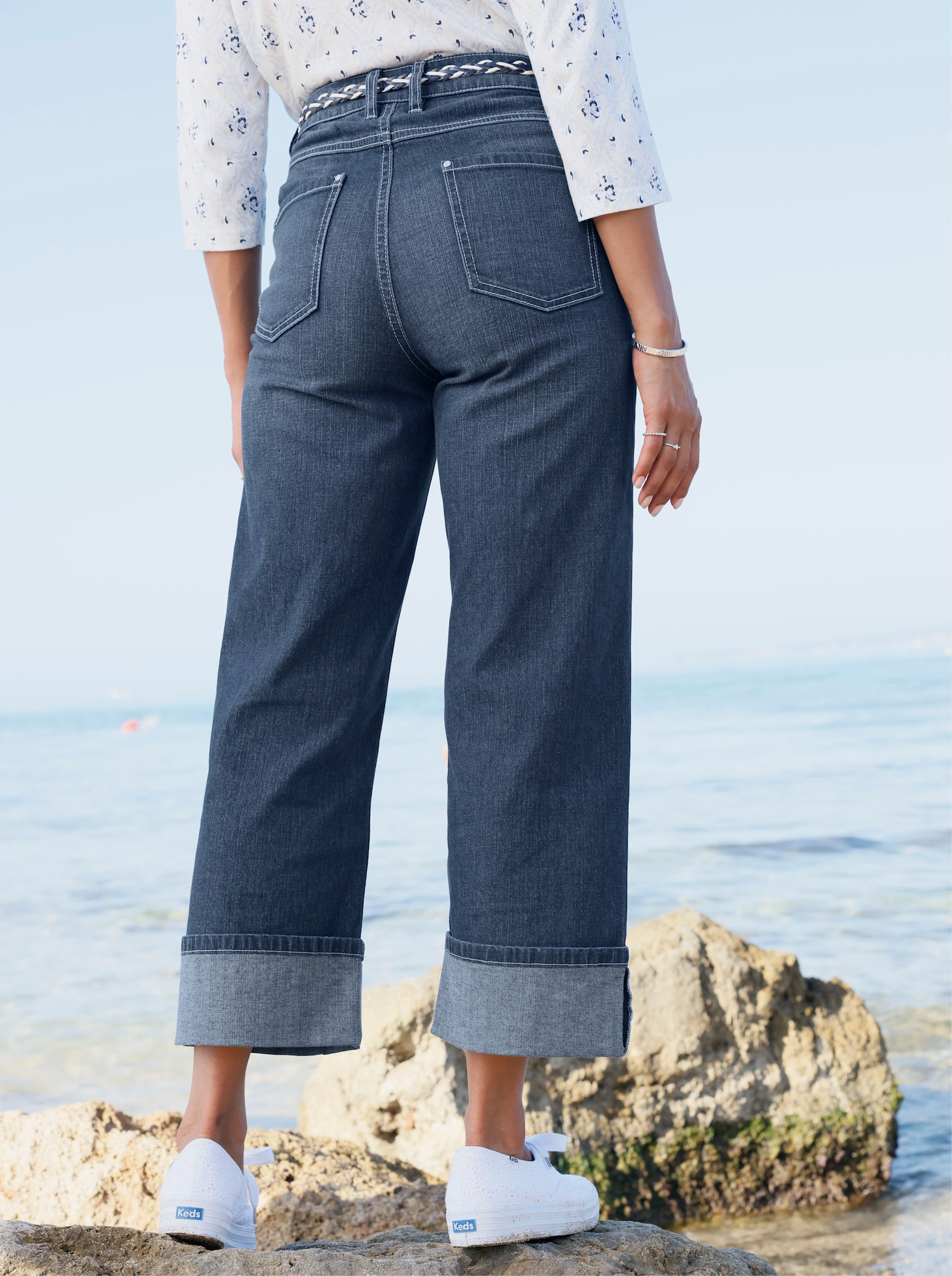 7/8-Jeans mit weitem Bein - blue-stone-washed