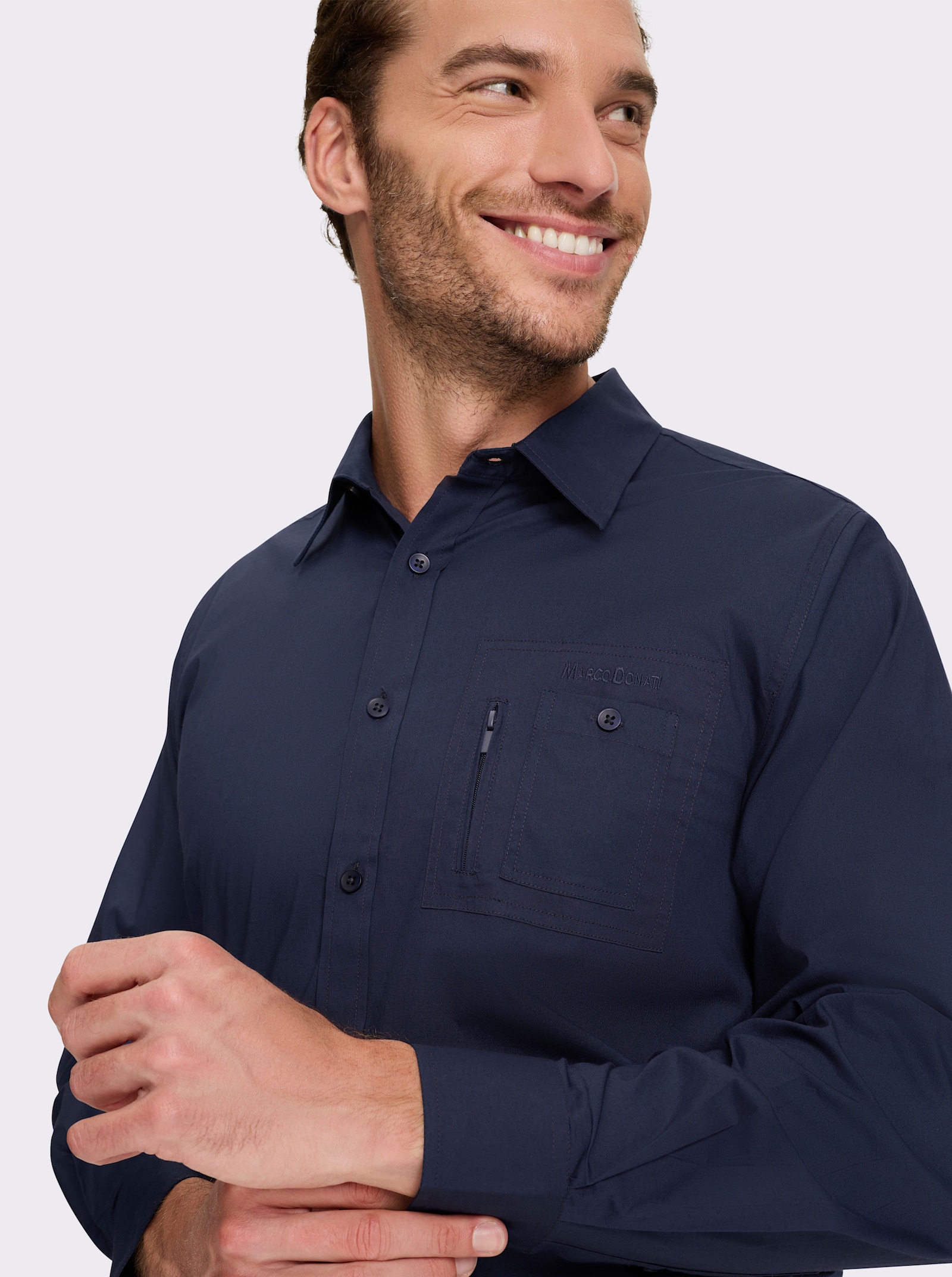 Marco Donati Langarmhemd in Popeline-Stretch - marine