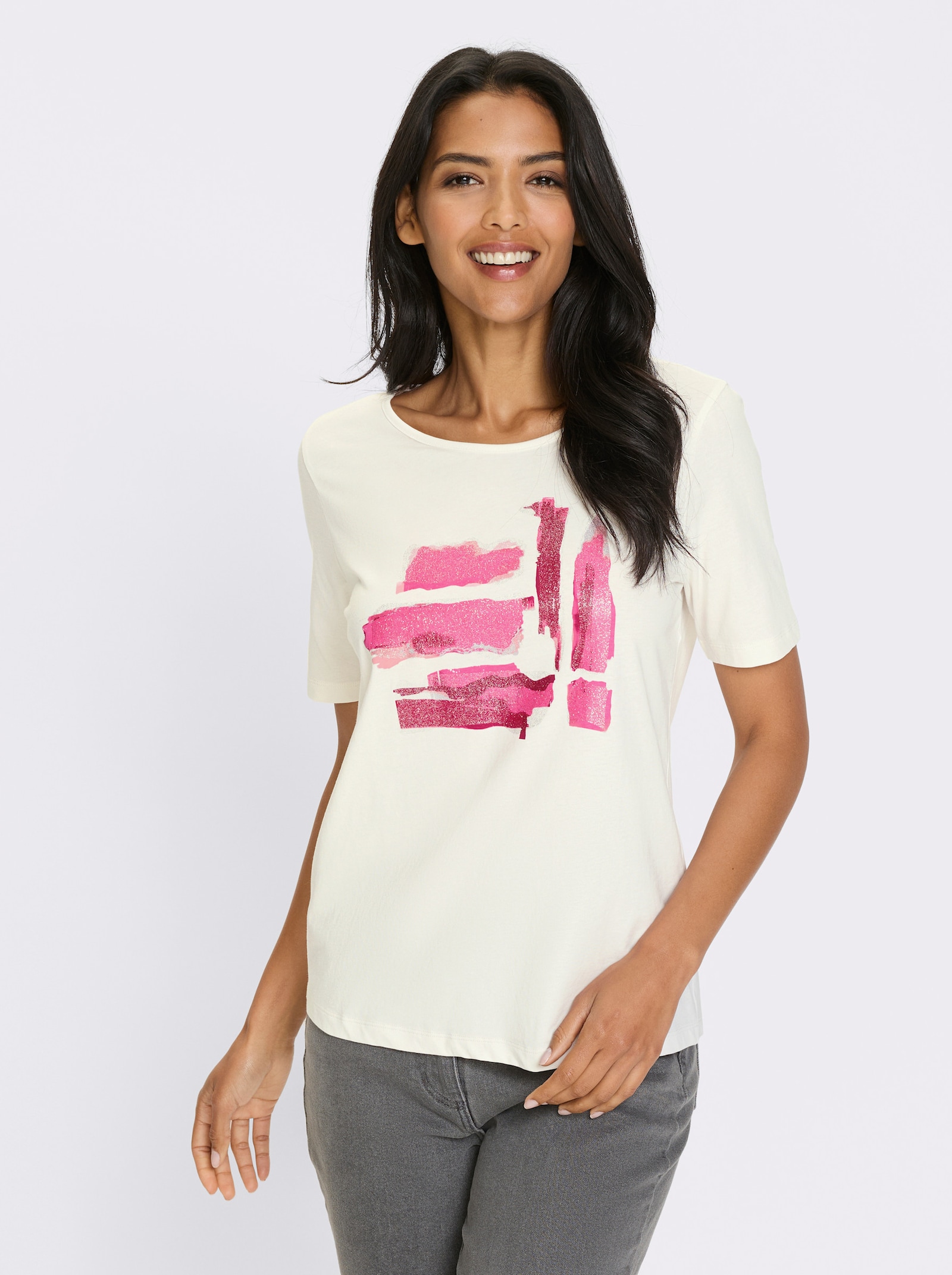 Kurzarmshirt mit silberfarbigen Akzenten - ecru-fuchsia