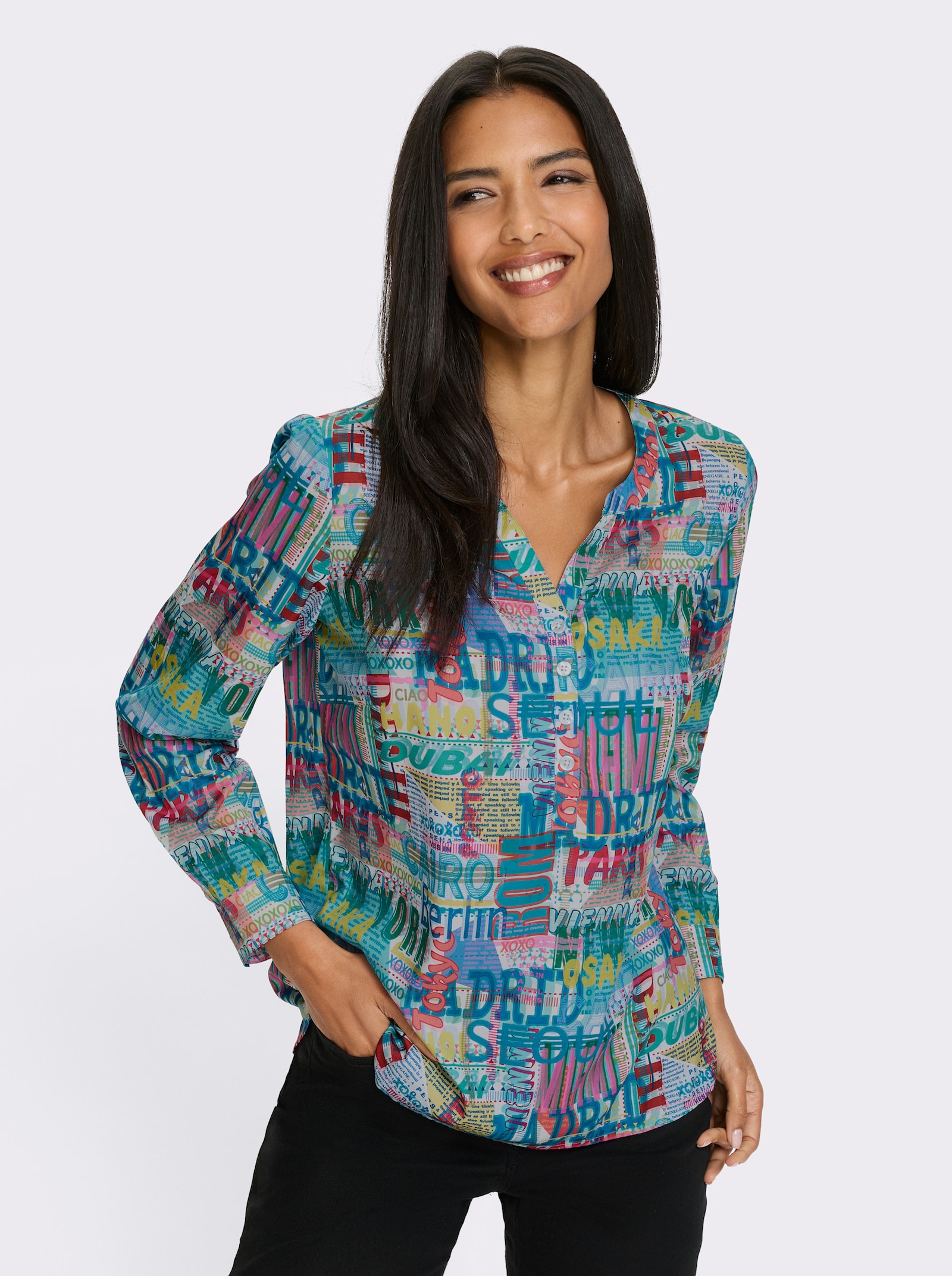 Langarm-Bluse im Digital-Druck - weiß-türkis-bedruckt