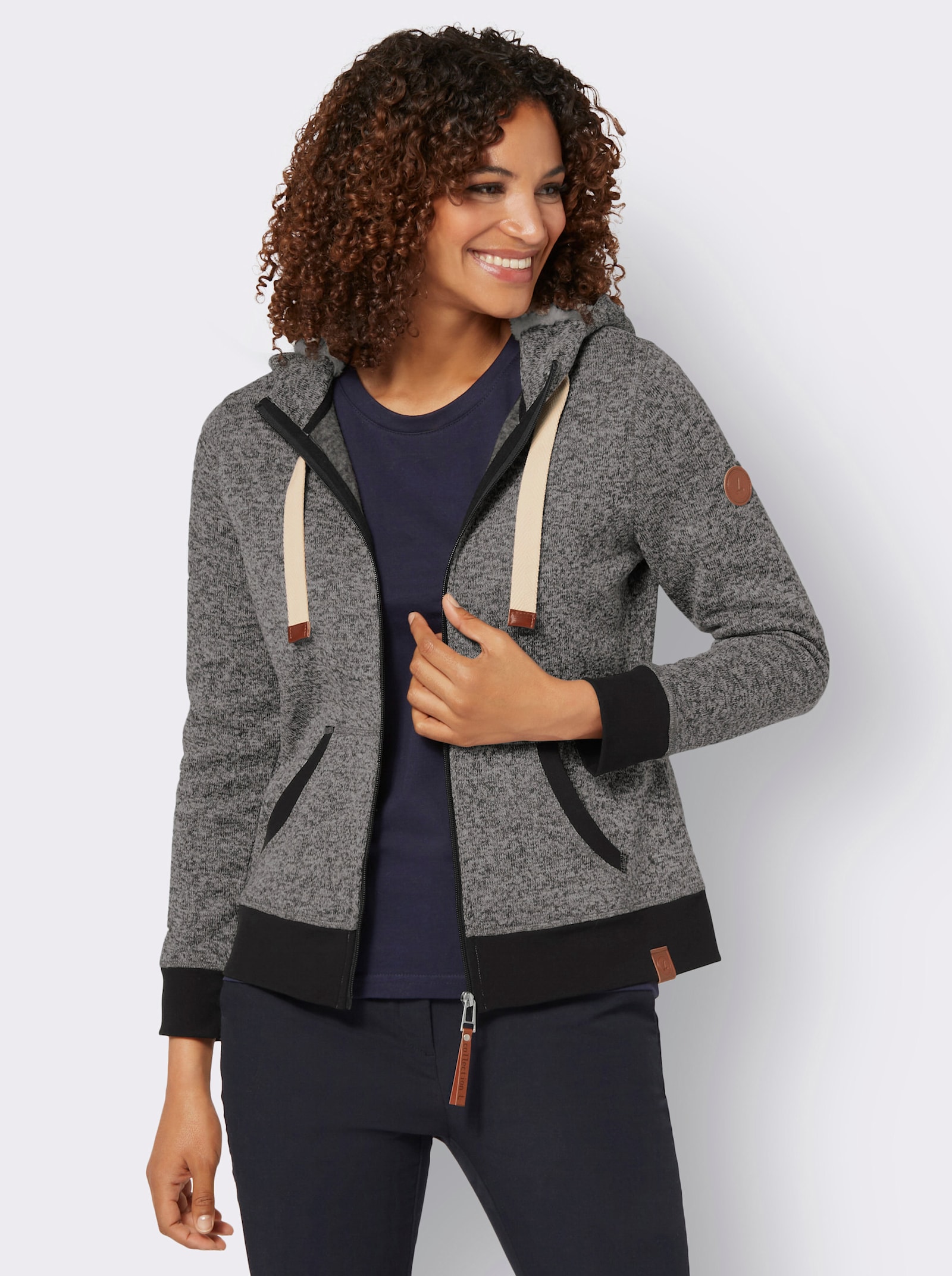 Fleecejacke mit Kontrast-Details - steingrau-schwarz-meliert