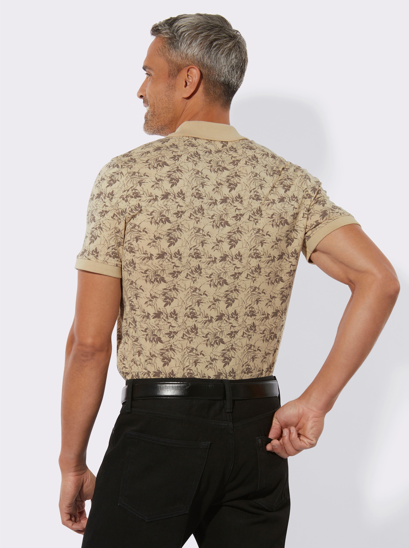 Pikétröja med bladtryck - sand-mörk mullvad-tryck