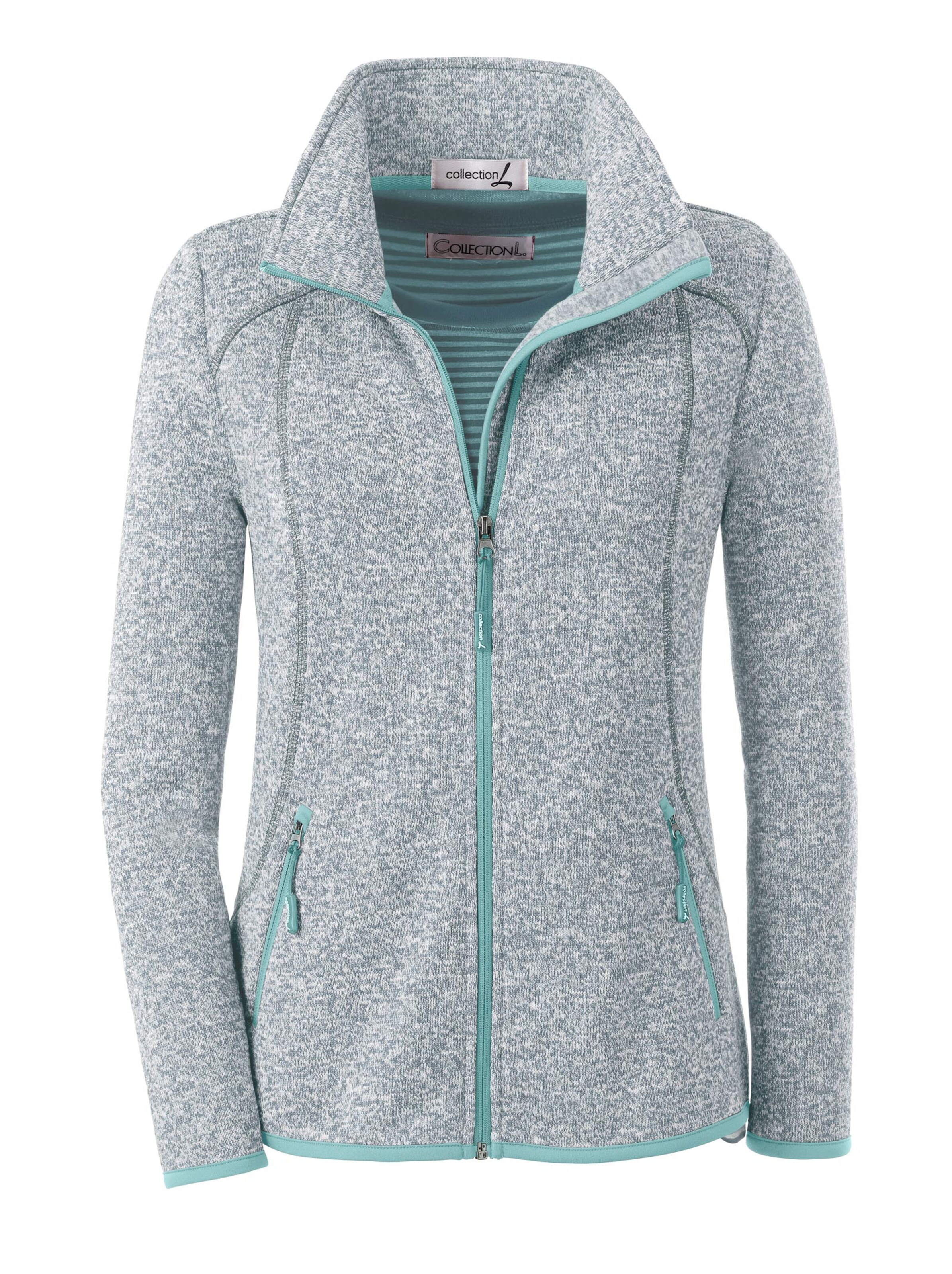 Collection L Strickfleece-Jacke - grau-wintertürkis