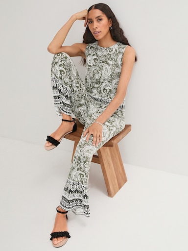 Jerseyhose im Paisley-Dessin - khaki-ecru-bedruckt