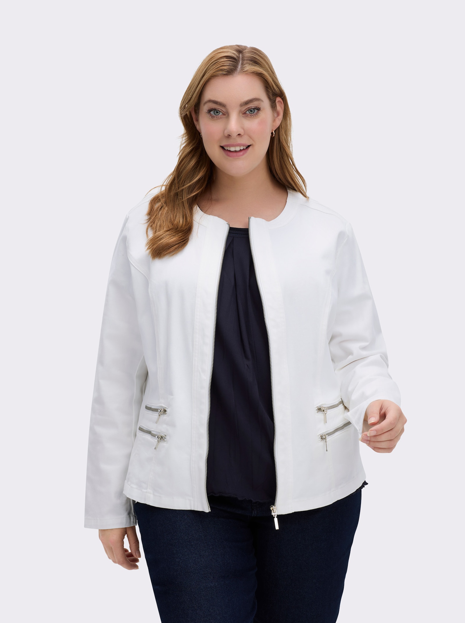 Jeansblazer mit Zier-Reißverschlüssen - wollweiß