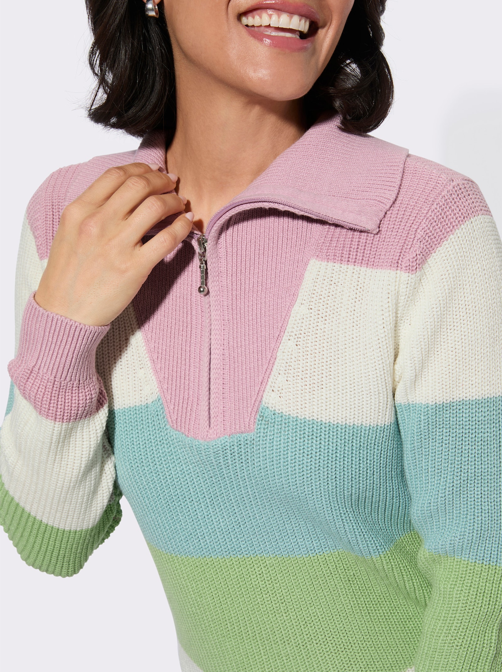 Rundhalspullover in Colour-Blocking-Optik - rosé-ecru-geringelt