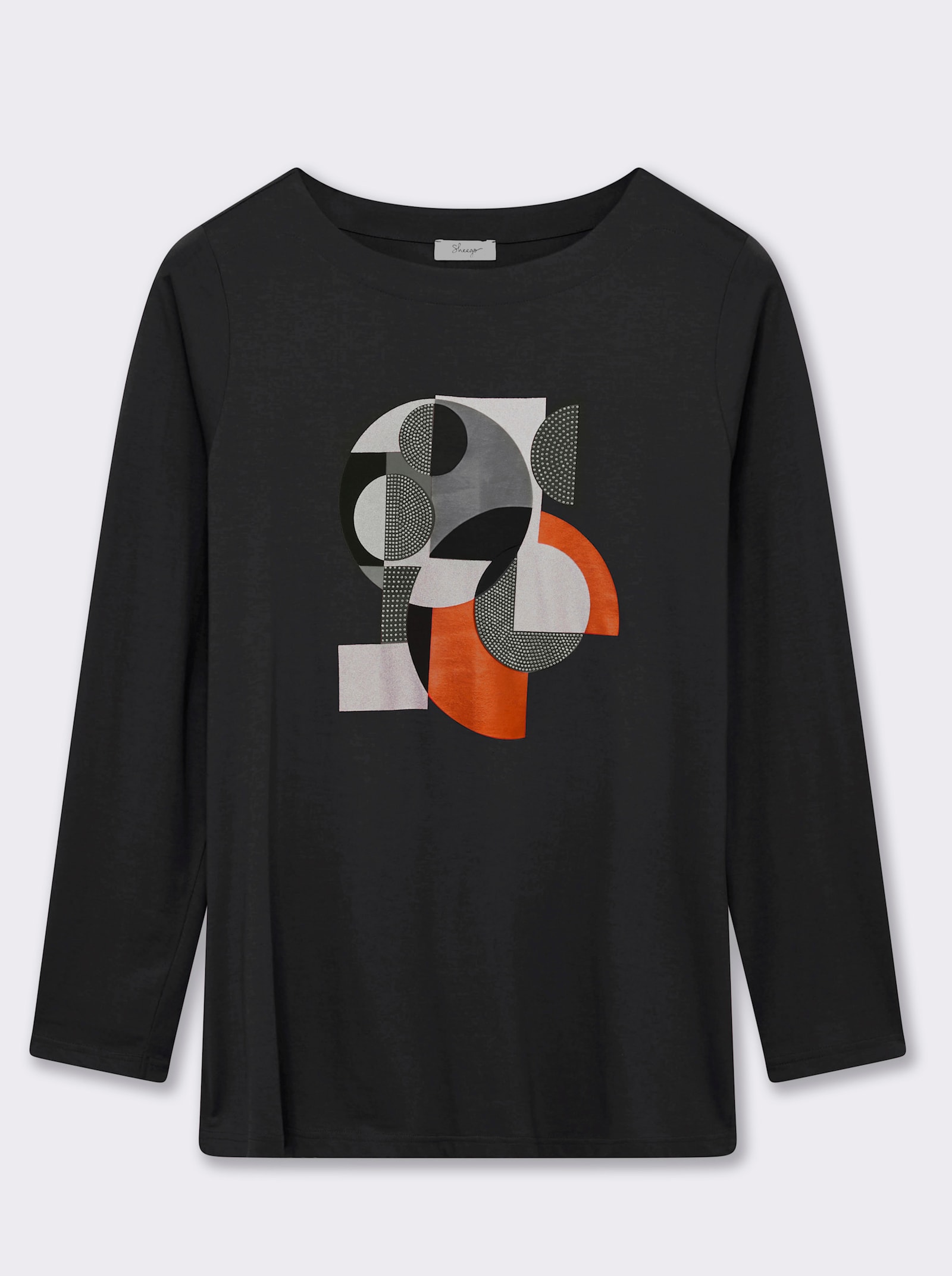 sheego Langarmshirt mit Grafikprint und Glitzersteinchen - schwarz-silberfarben-bedruckt